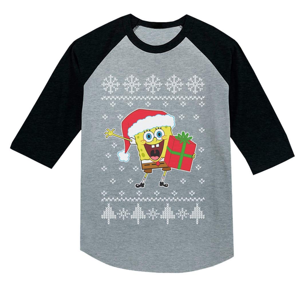 Tstars Spongebob Santa Ugly Christmas Sweater 3/4 Sleeve Baseball Jersey Toddler Shirt - Festive Holiday Outfit for Kids Christmas Parties & Family Photos