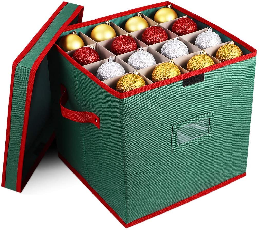 Christmas Tree Storage Bag with Zipper - Large Xmas Decoration & Lights Organizer Box for Holiday Decor (Green Baubles Design) | Perfect for Storing Ornaments, Wreaths & Seasonal Decorations