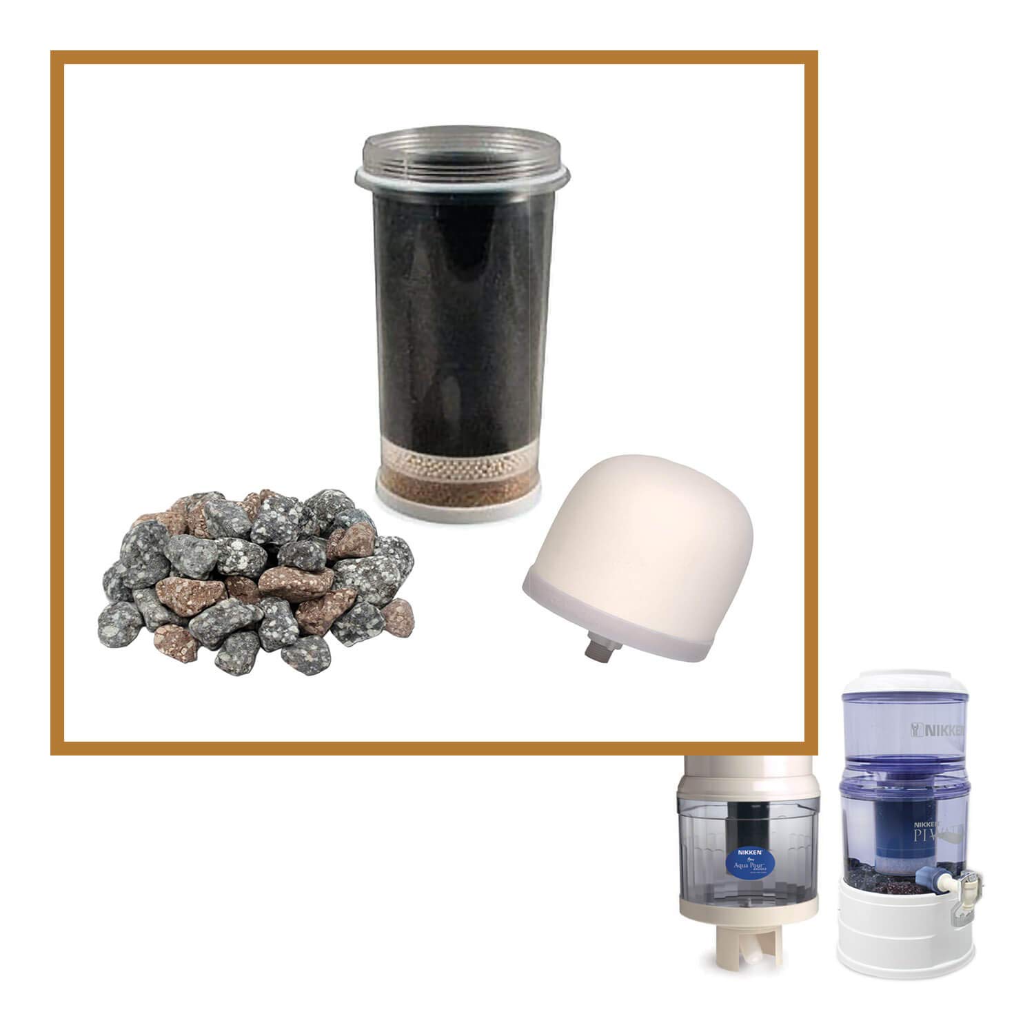Nikken Aqua Pour Replacement Filter Cartridge 1361 + Ceramic Pre-Filter 1364 + Mineral Stones 1386 - Compatible with Gravity Water Filter System 1360 - Clean Drinking Water for Home, Office & Outdoor Use
