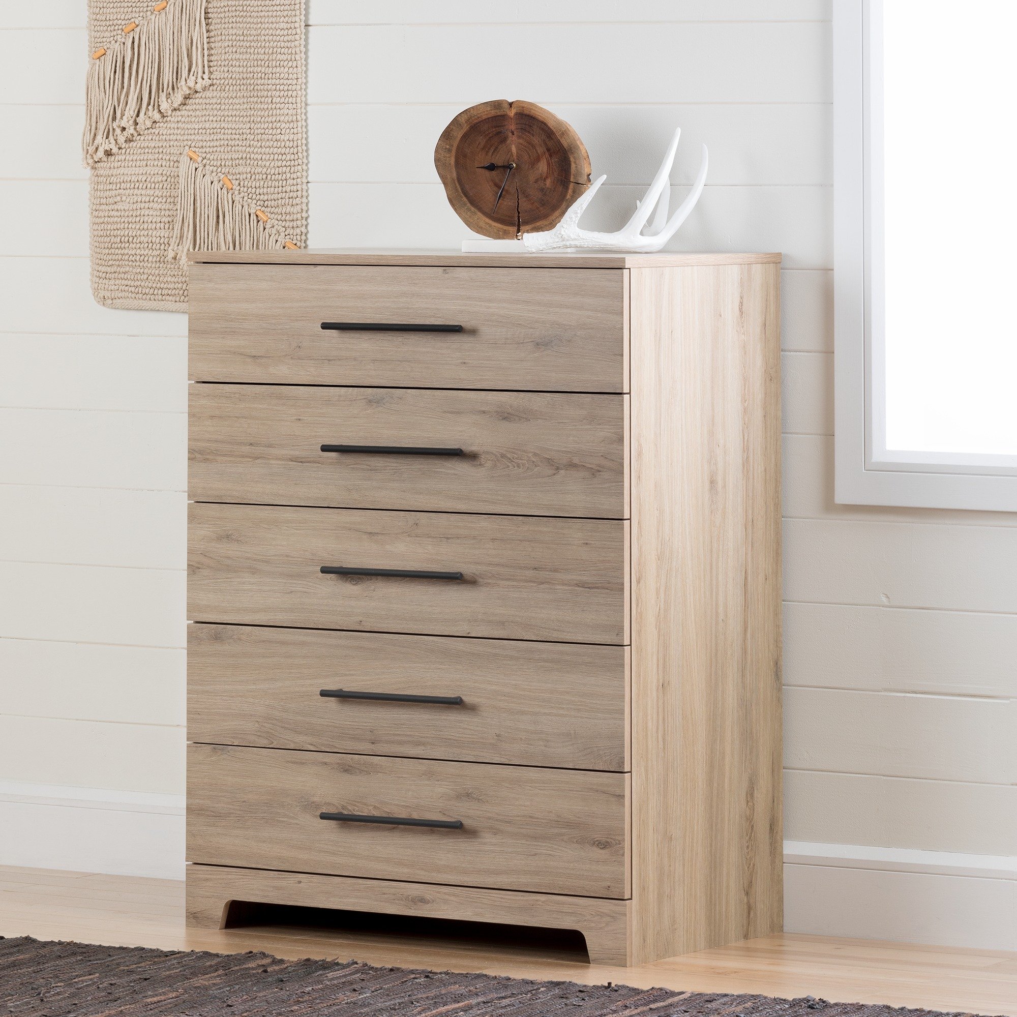 South Shore Primo 5-Drawer Dresser & Fynn 2-Drawer Nightstand Set in Rustic Oak with Nickel Finish Handles - Perfect for Bedroom Furniture and Home Organization
