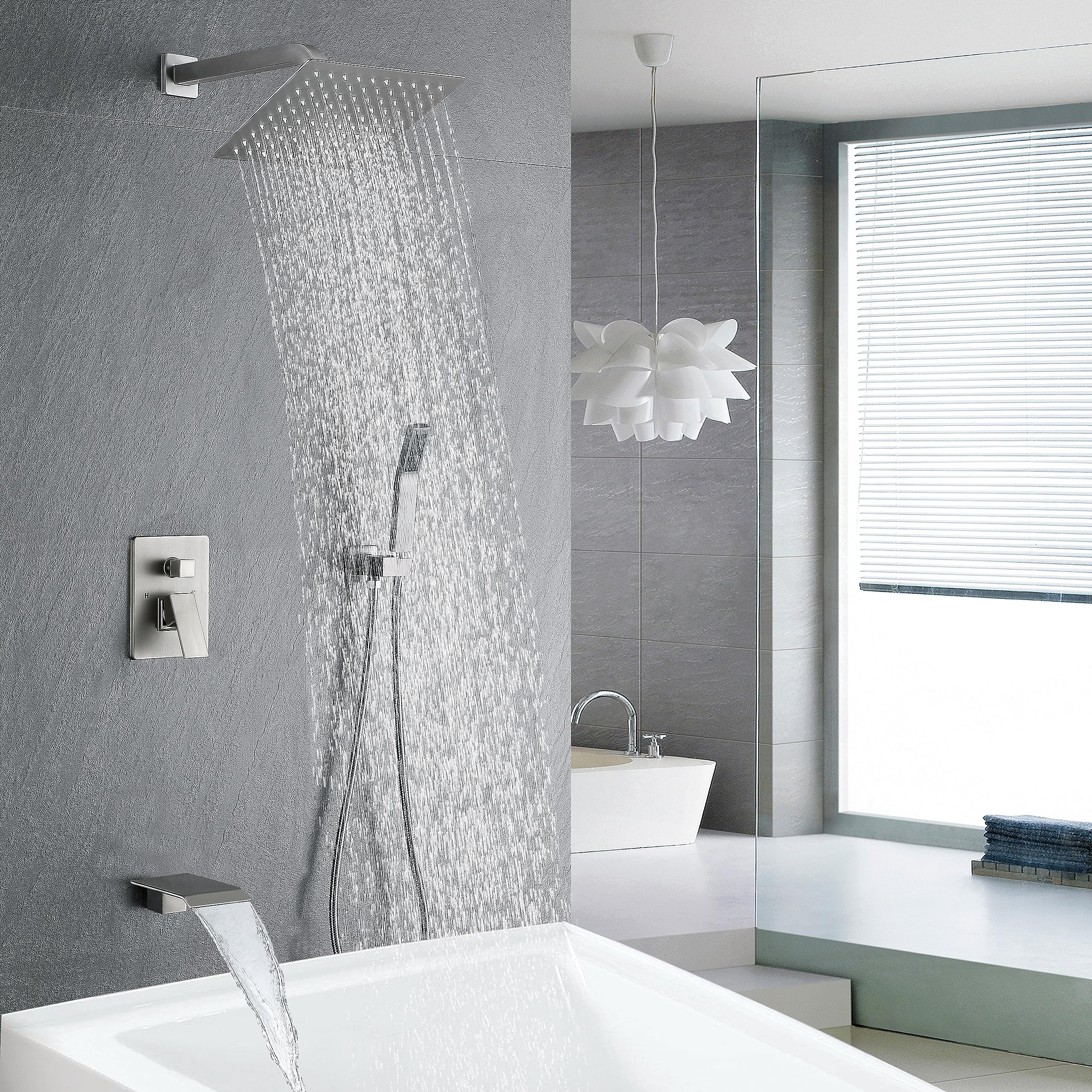 Brushed Nickel 10-Inch Shower Faucet Set with Handheld Spray & Waterfall Spout - Luxury Bathroom Fixture for Bathtub and Shower Combo | Perfect for Spa-Like Experience and Modern Home Renovation
