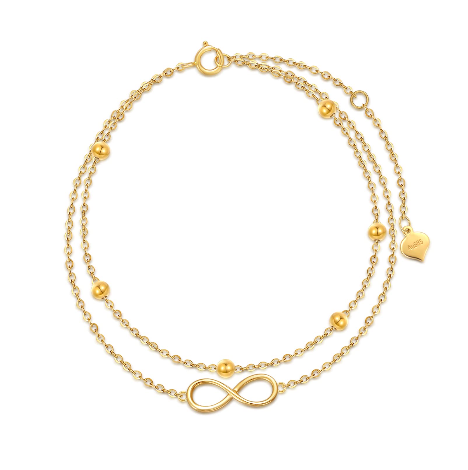14K Solid Gold Infinity Bracelet for Women - Real Gold Layered Bead Bracelet, Fine Jewelry Gift for Her, Mom, Wife - Anniversary, Birthday, Mother's Day Gift - Adjustable 6.5+2 Inches - Perfect for Date Nights, Weddings & Special Occasions