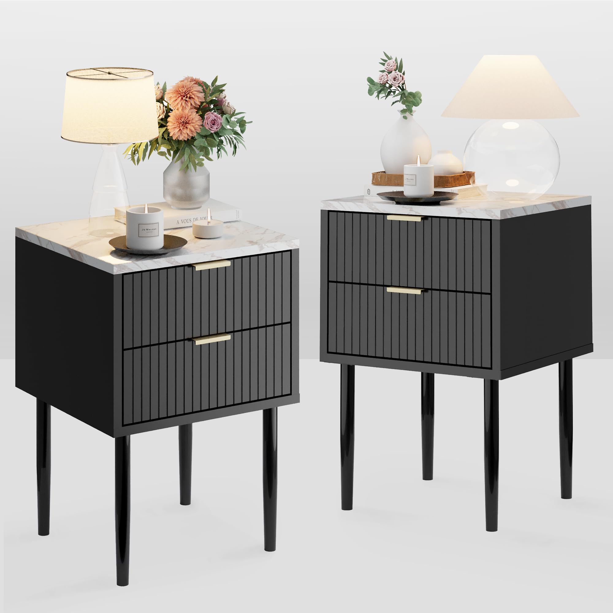 Anbuy Black Marble Nightstands Set of 2 with Gold Handles - Modern Striped Bedside Tables with 2 Drawers, Faux Marble Top & Metal Legs - Perfect for Bedroom, Living Room, Guest Room & Dorm Decor