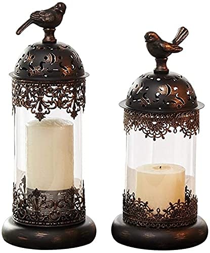 2-Piece Romantic Birdcage Iron Candlestick Holder with Glass - European Moroccan Style Hollow Candle Stand Lantern for Home Decor, Wedding Centerpieces & Romantic Dinners
