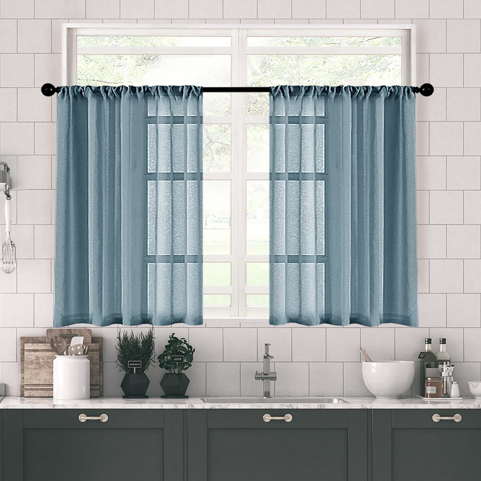 MRTREES Sheer Tier Curtains Blue Haze - Light Filtering Short Kitchen Window Treatments (36 Inch Length, Rod Pocket, 2 Panels) - Perfect for Bathroom, Cafe & Half Windows - Soft Privacy & Natural Light Control