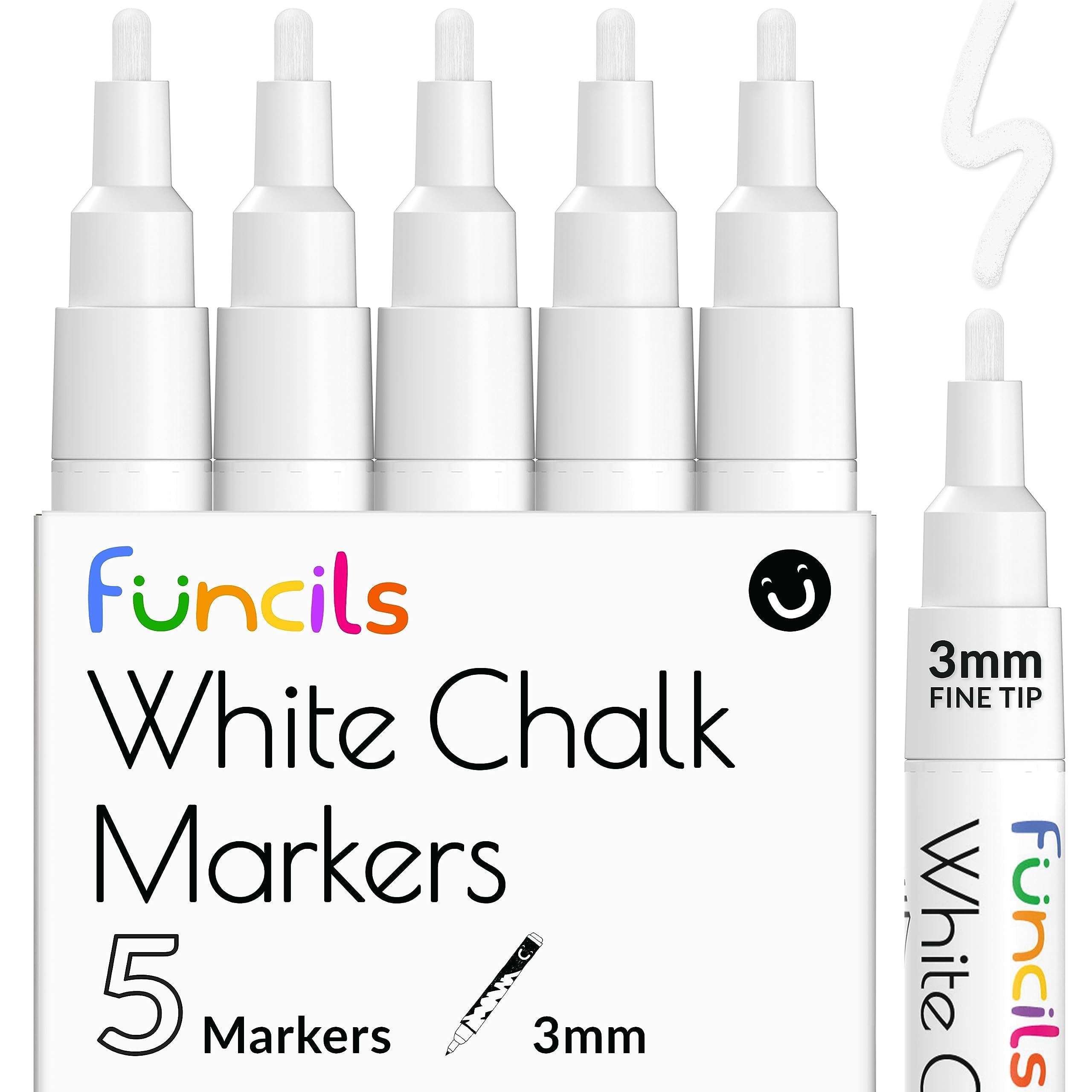Funcils White Chalk Markers Fine Tip (5 Pack 3mm) - Liquid Chalk Markers for Chalkboard, Blackboard, Glass & Car Windows - Erasable Dry Erase Markers - Perfect for Restaurants, Classrooms, Events & DIY Crafts