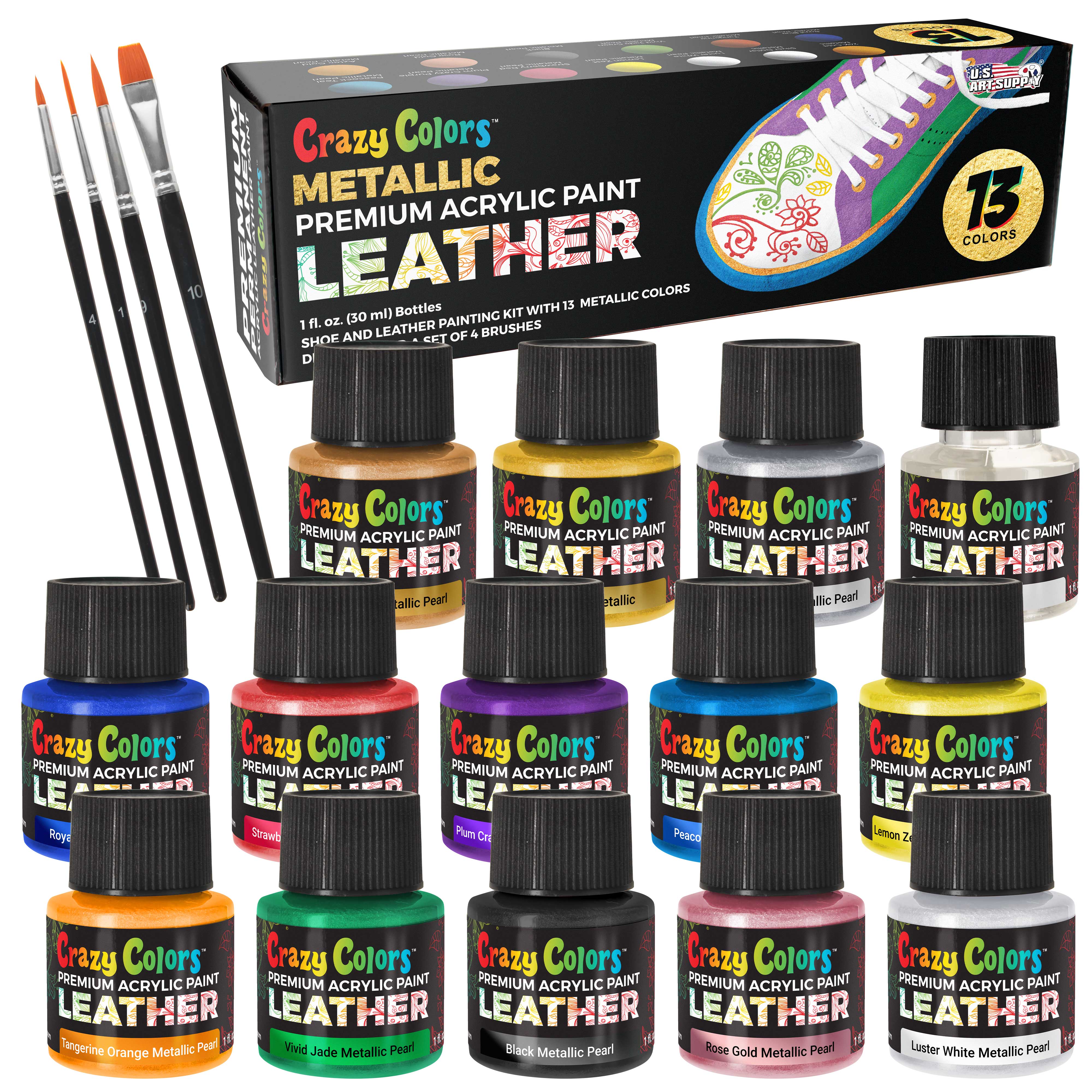 13 Metallic Pearl Colors Acrylic Shoe & Leather Paint Kit (1 oz Bottles) with 4 Brushes - Non-Toxic Fabric Paint for Sneakers, Jackets, Bags, Purses & Furniture - Perfect for DIY Customization & Repair