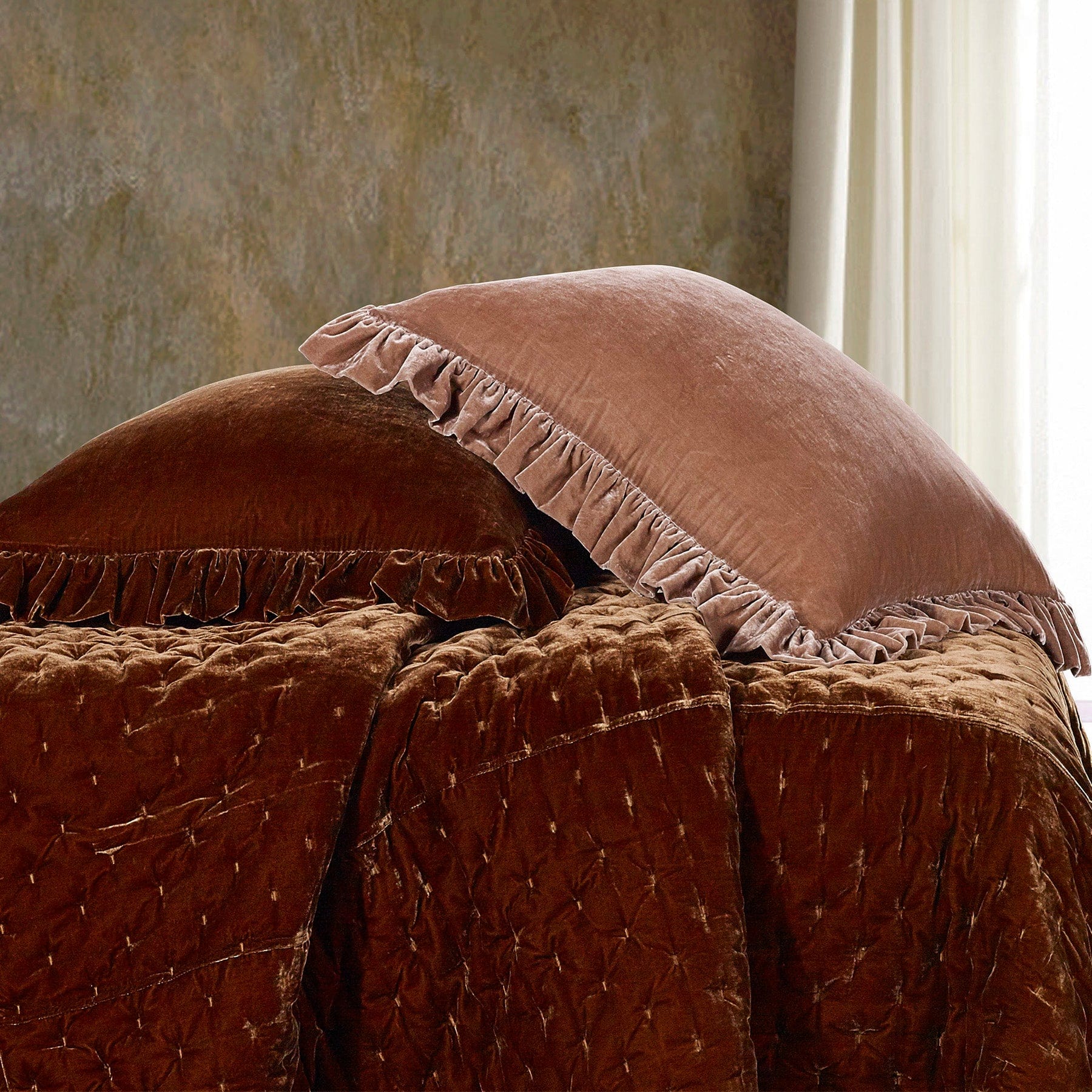 Stella Faux Silk Velvet Ruffled Euro Sham Pillow Cover - Luxury Decorative Pillowcase for Bedroom Decor, Sofa & Couch Accent