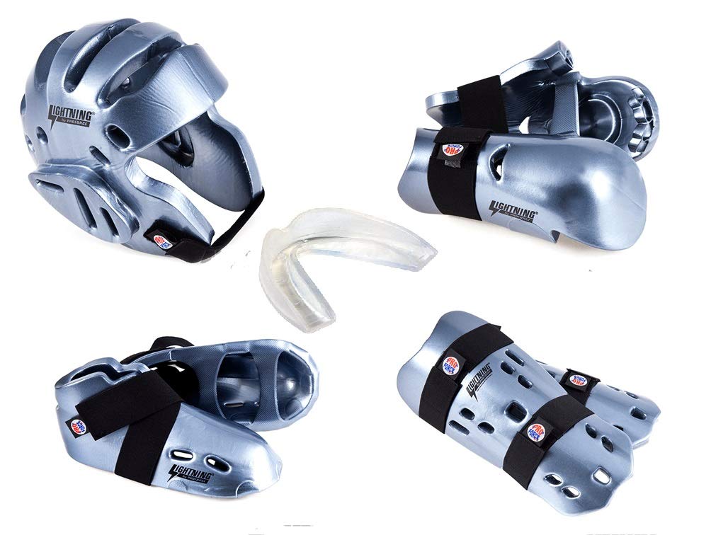 Lightning 8-Piece Deluxe Youth Football Gear Set with Shin Guards & Free Mouthguard (Black, Child Large) - Perfect for Youth Football Training, Games, and Safety Protection