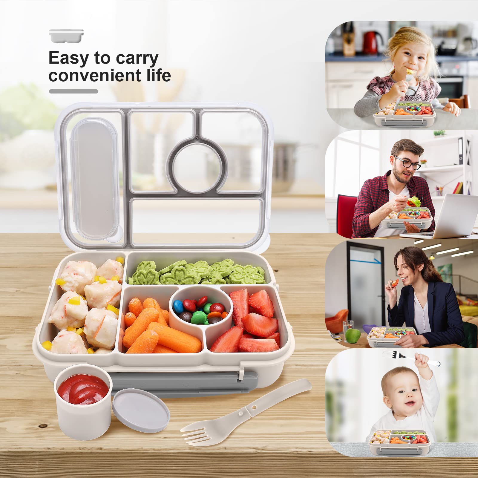 5 Compartment Bento Lunch Box for Adults & Kids - Microwave, Dishwasher & Freezer Safe with Sauce Containers | Perfect for School, Office & Picnic (White)