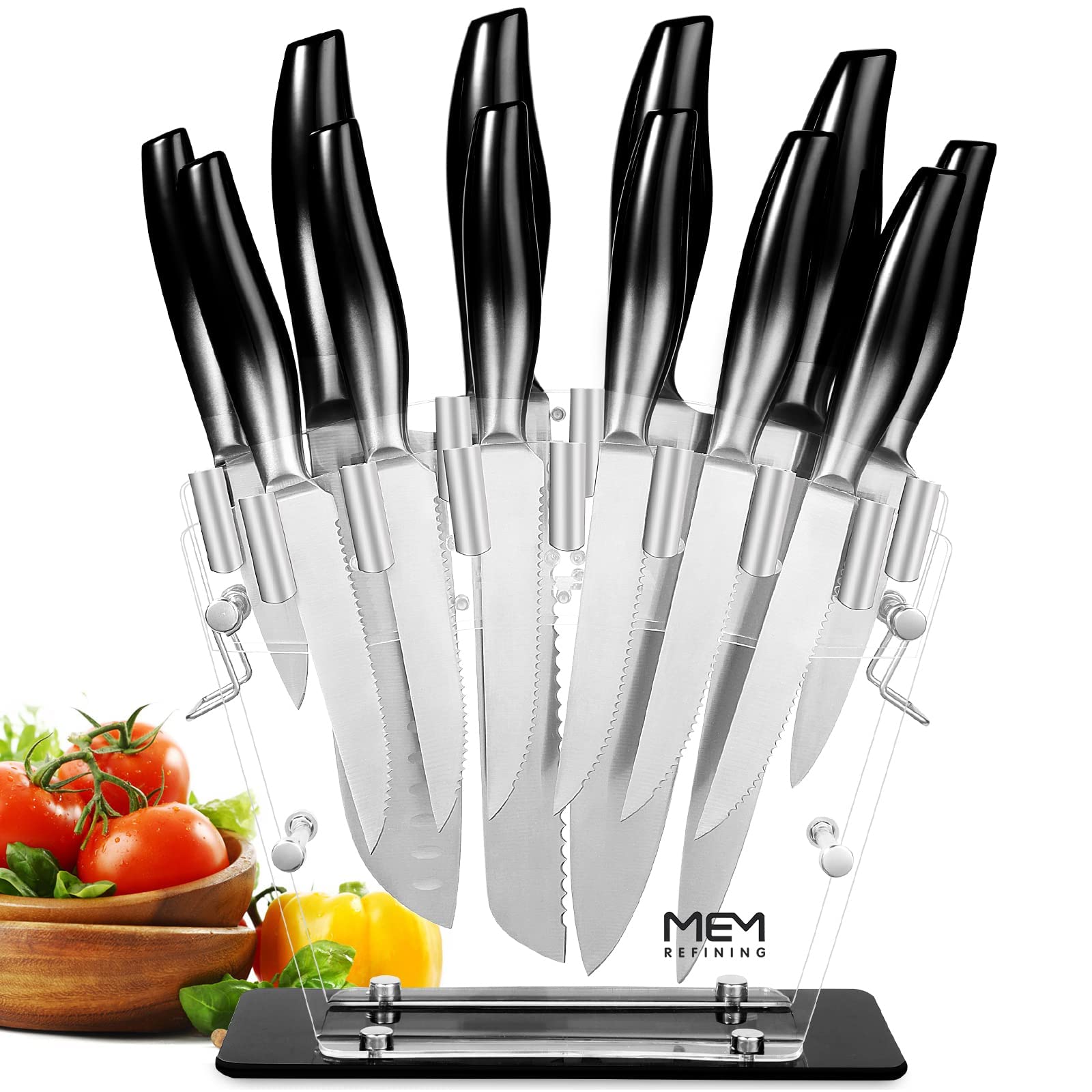 12-Piece Stainless Steel Kitchen Knife Set with Acrylic Block - Professional Chef Knife, Santoku, Bread Knife, Utility Knife, Paring Knife & Steak Knives - Sharp Durable Blades for Home Cooking, Restaurant Use & Gifts - Ideal for Meat Cutting, Vegetable Chopping & Food Prep
