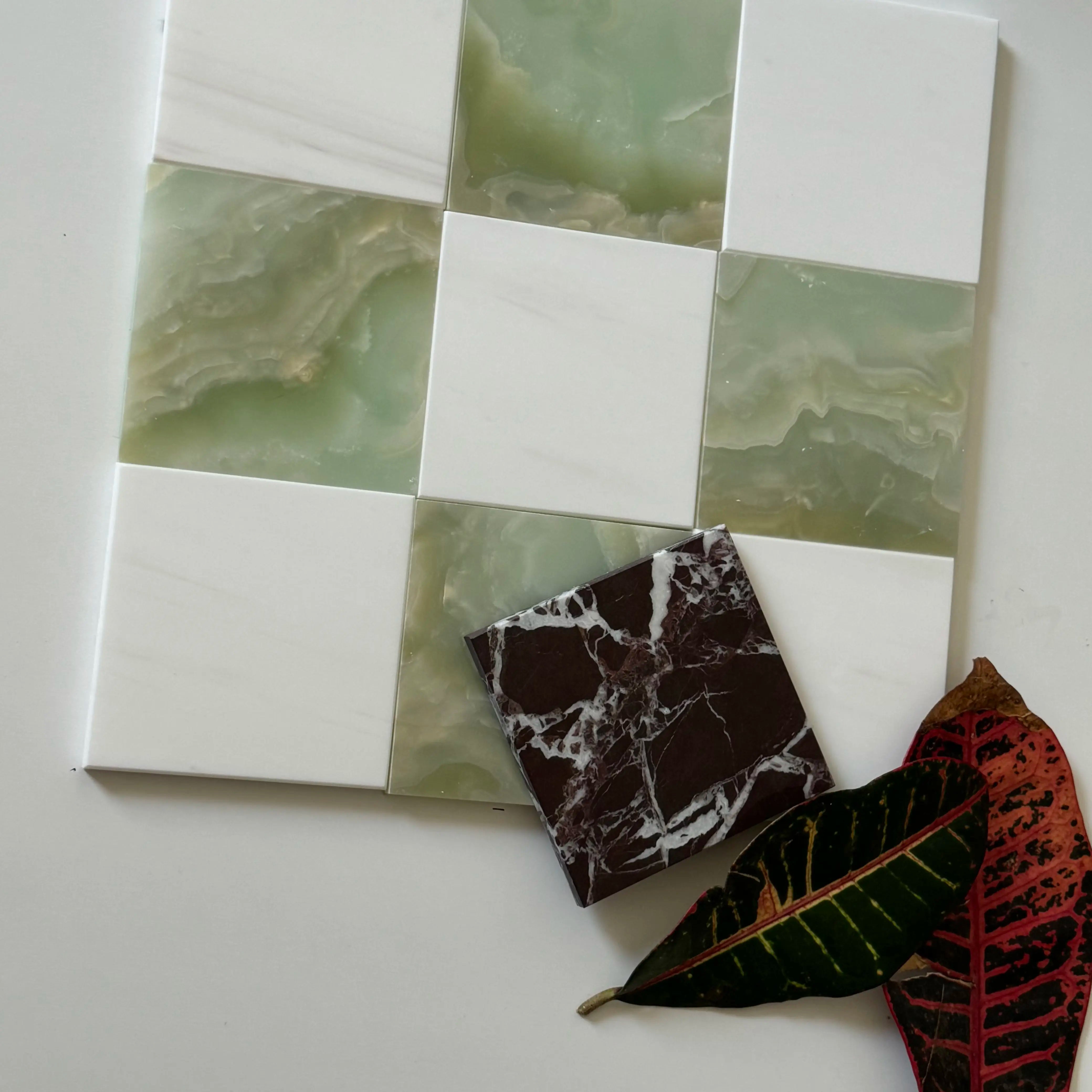 Premium Green Onyx & Bianco Dolomite Checkerboard Tiles - Polished or Honed Finish for Kitchen Backsplash, Bathroom Wall, and Flooring Design