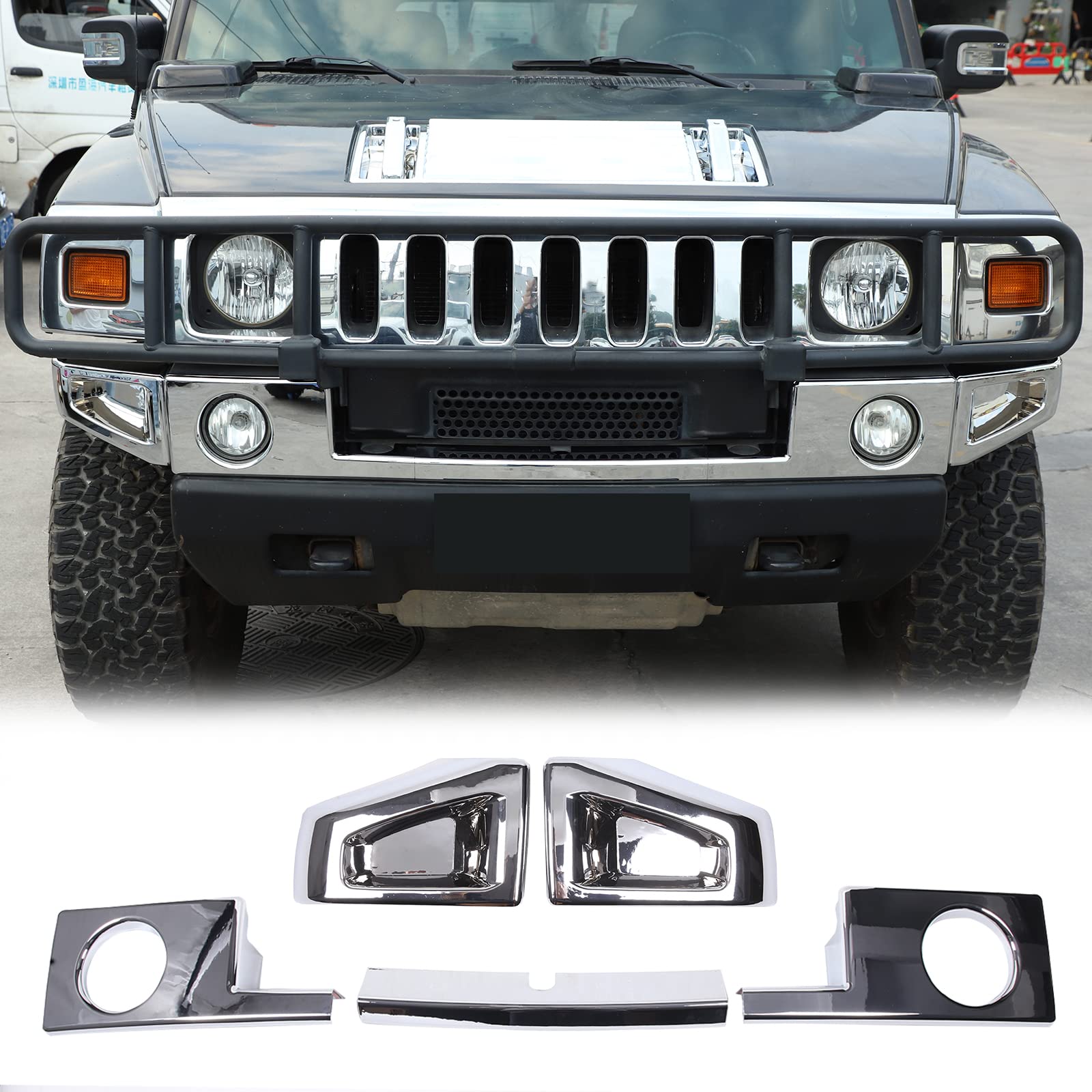 PIUGILH Replacement Front Bumper Corner Bezels & Fog Light Cover Trim for 2003-2009 Hummer H2 SUV/SUT - Silver Protective Frame Decorative Molding | Durable Exterior Upgrade for Off-Roading & Urban Driving