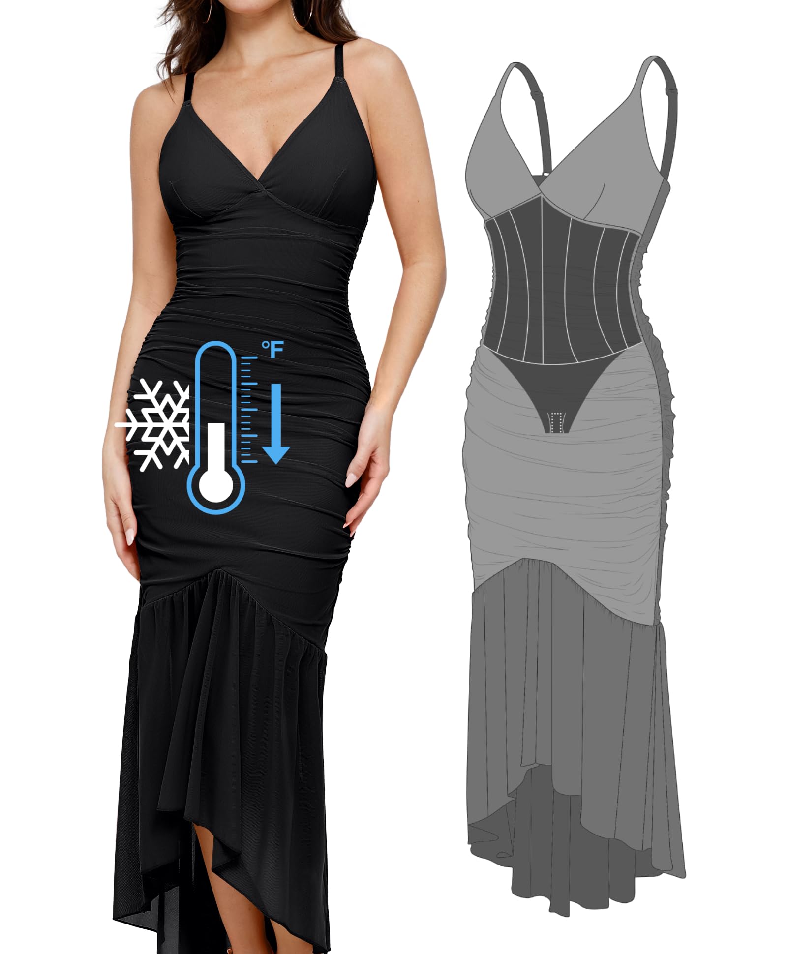 Popilush Corset Dress with Built-in Shapewear | Women's Bodycon Cocktail Dress | Deep V Neck Mesh Ruched Maxi Dress for Wedding Guest & Evening Party | Perfect for Formal Events, Date Night & Special Occasions