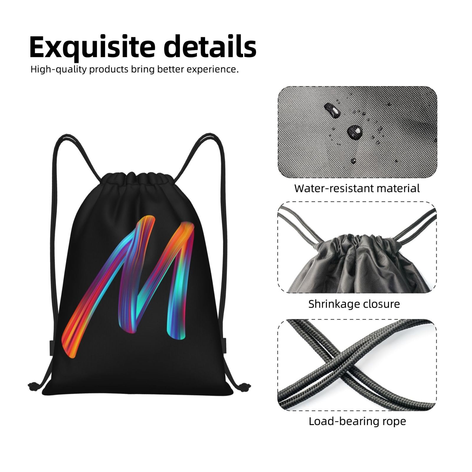 Custom Initial Drawstring Backpack - Black Cinch Sackpack for Sports, Gym, Travel, Swimming, Beach & Camping - Personalized Letter M Design - Perfect for Workouts, Vacations & Outdoor Adventures