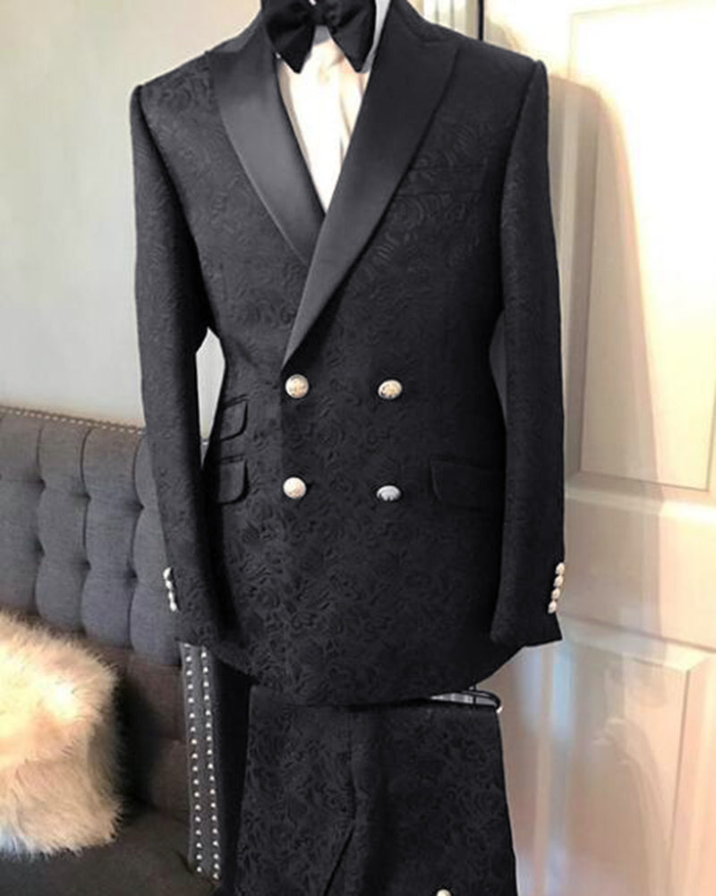 Elegant Black Double Jacquard Floral Wedding Blazer & Pants Suit for Men - 2 Piece Formal Dinner Jacket Set (CB07262) | Perfect for Weddings, Proms & Special Occasions