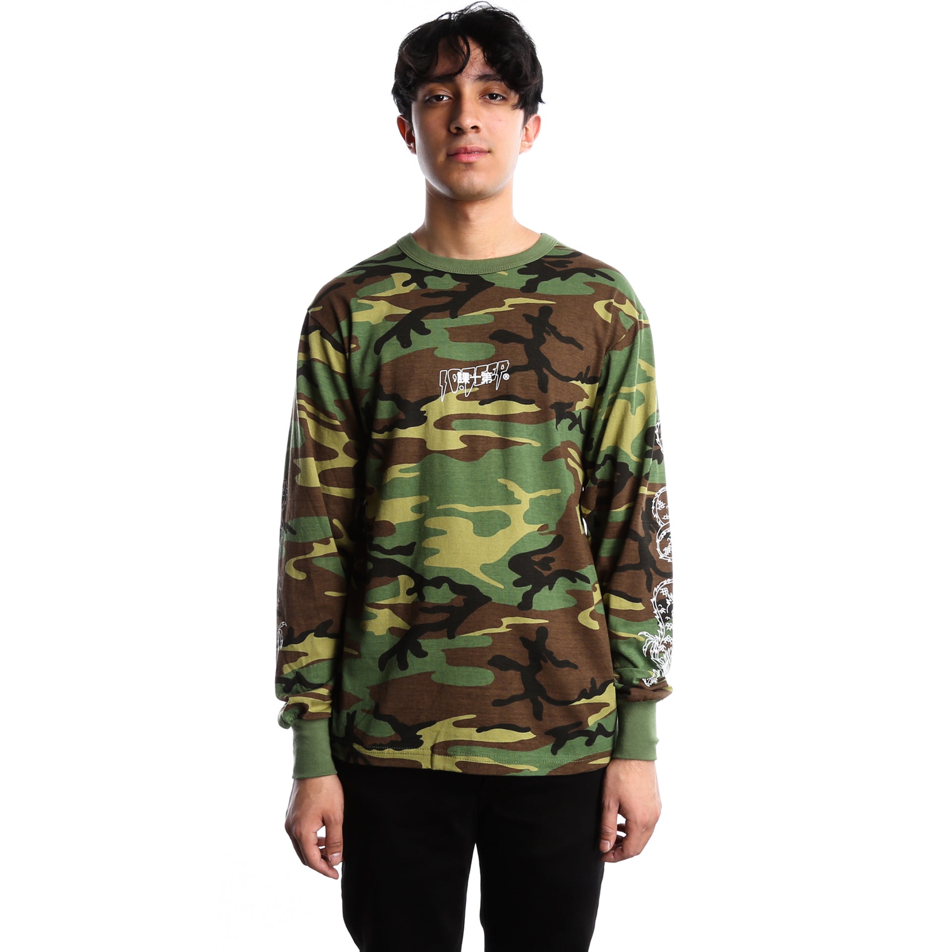 10 Deep Dragon Kanji Long Sleeve T-Shirt - Woodland Camo Print Streetwear for Men | Urban Fashion & Casual Wear