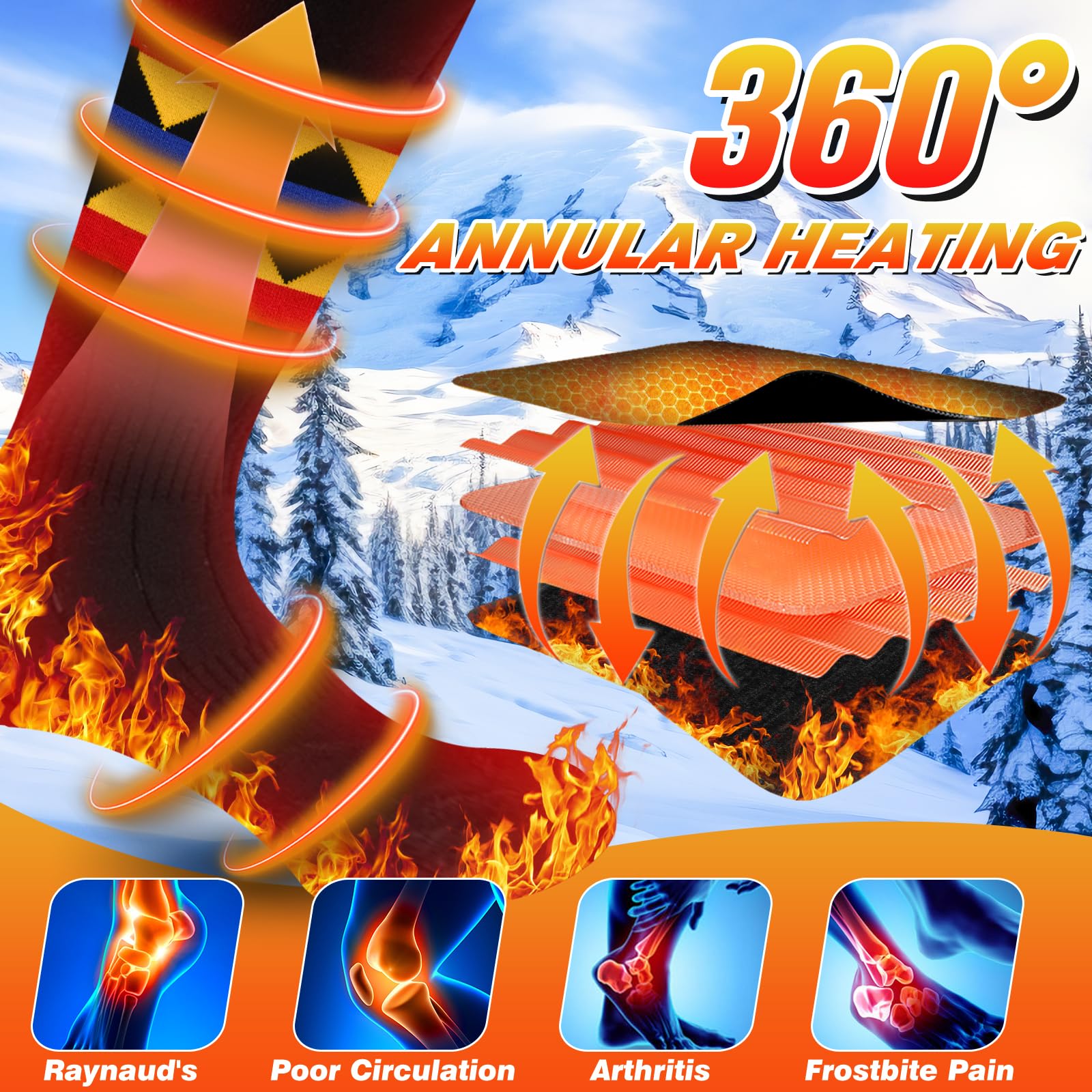 5000mAh Rechargeable Heated Socks for Men & Women - 11 Hours Heating, 3 Temperature Settings, Machine Washable Winter Foot Warmers - Perfect for Outdoor Activities Like Skiing, Hiking, Camping & Cold Weather Work