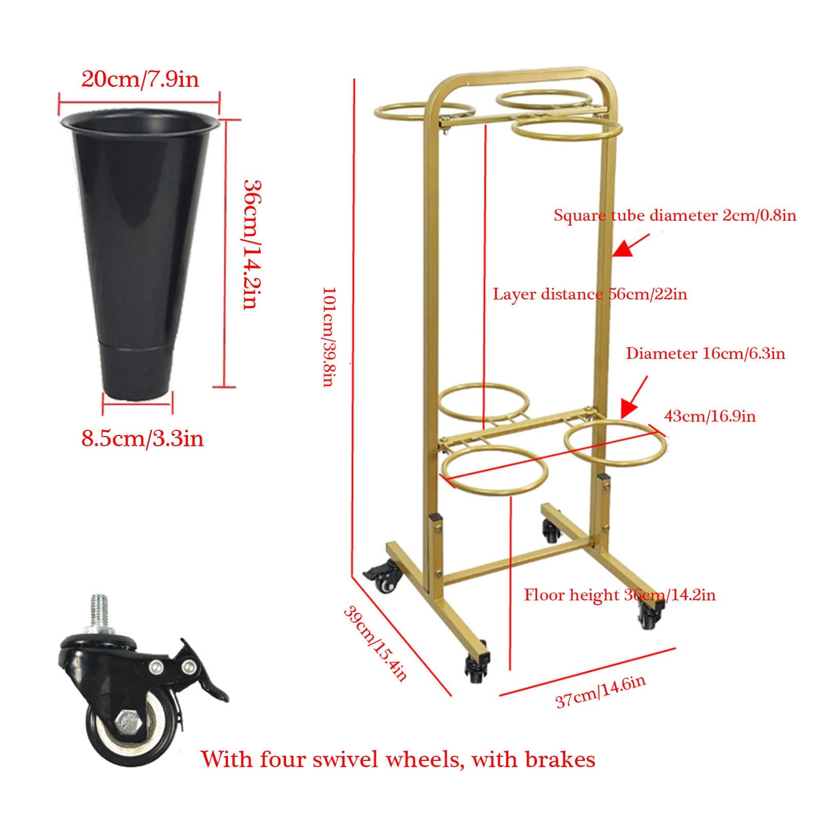 Premium 2-Tier Metal Flower Holder Rack - Gold Shelf & Black Bucket Garden Plant Stand for Outdoor Floral Displays | Perfect for Florists, Gardening, Patio Decor & Wedding Arrangements (6 Barrels, 2 Layers)