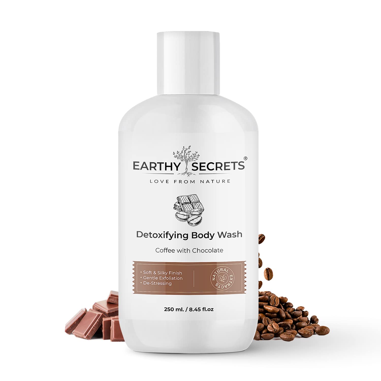 Earthy Secrets Coffee & Chocolate Detox Body Wash - 250ml | Soft, Silky Finish, Gentle Exfoliation & Stress Relief | Perfect for Post-Workout, Spa Day & Relaxing Bath Time