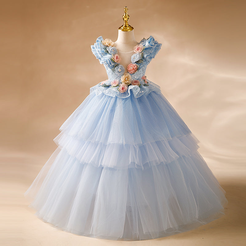 Elegant Blue Tulle A-Line Flower Girl Dress with Floral Embroidery & Sequins - V-Neck Design for Weddings, Parties & Special Occasions