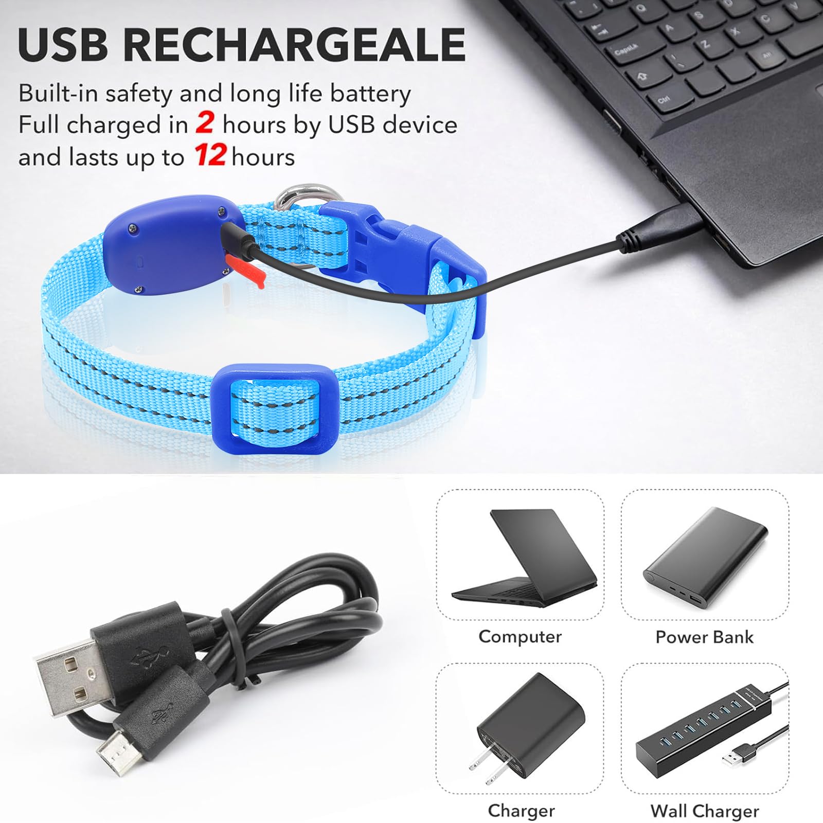 Illumifun USB Rechargeable LED Dog Collar Light - Adjustable Nylon Safety Collar for Small Dogs, Waterproof & Reflective for Night Walks, Jogging & Outdoor Adventures (Blue, X-Small) - Perfect for Evening Dog Walks, Camping & Low Visibility Conditions