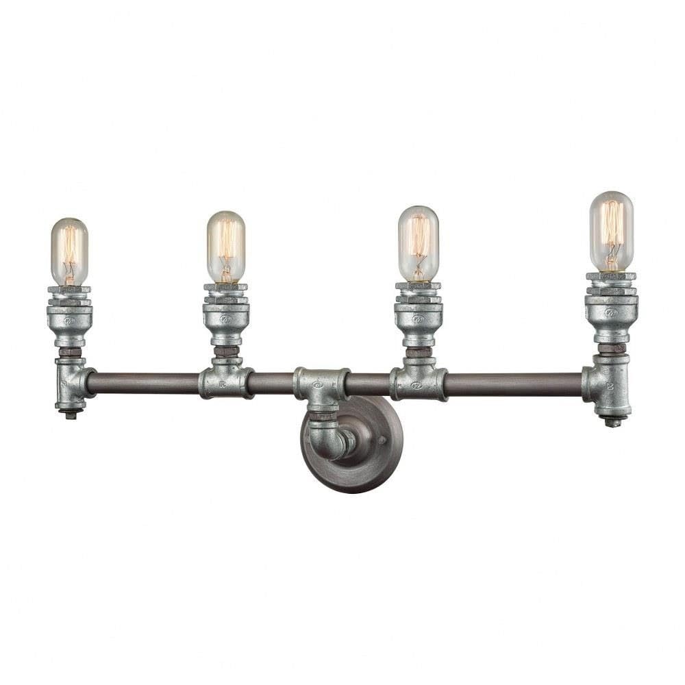 Vintage Steampunk Style Cast Iron Pipe Bathroom Vanity Light with Exposed Bulbs - 4-Light Industrial Ceiling Fixture with Round Back Plate in Weathered Zinc Finish - Perfect for Farmhouse, Loft & Industrial Style Bathrooms