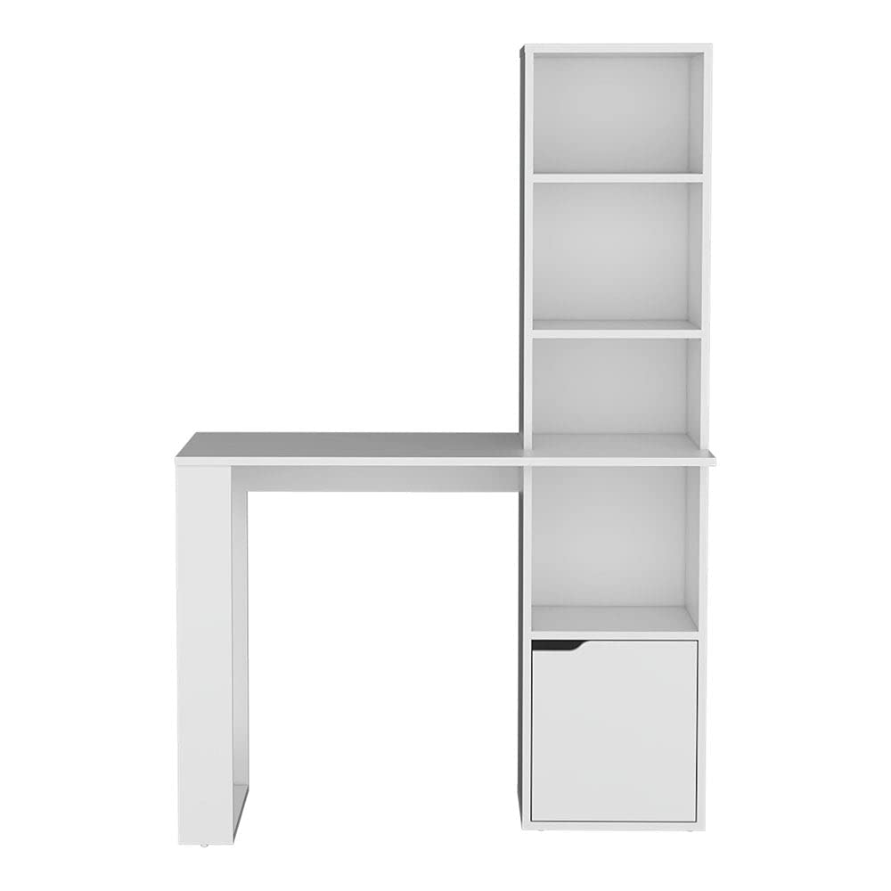 Aragon White Office Desk with 4-Tier Bookcase & Lower Cabinet - Modern Home Office Furniture for Small Spaces, Work from Home & Study Room Organization