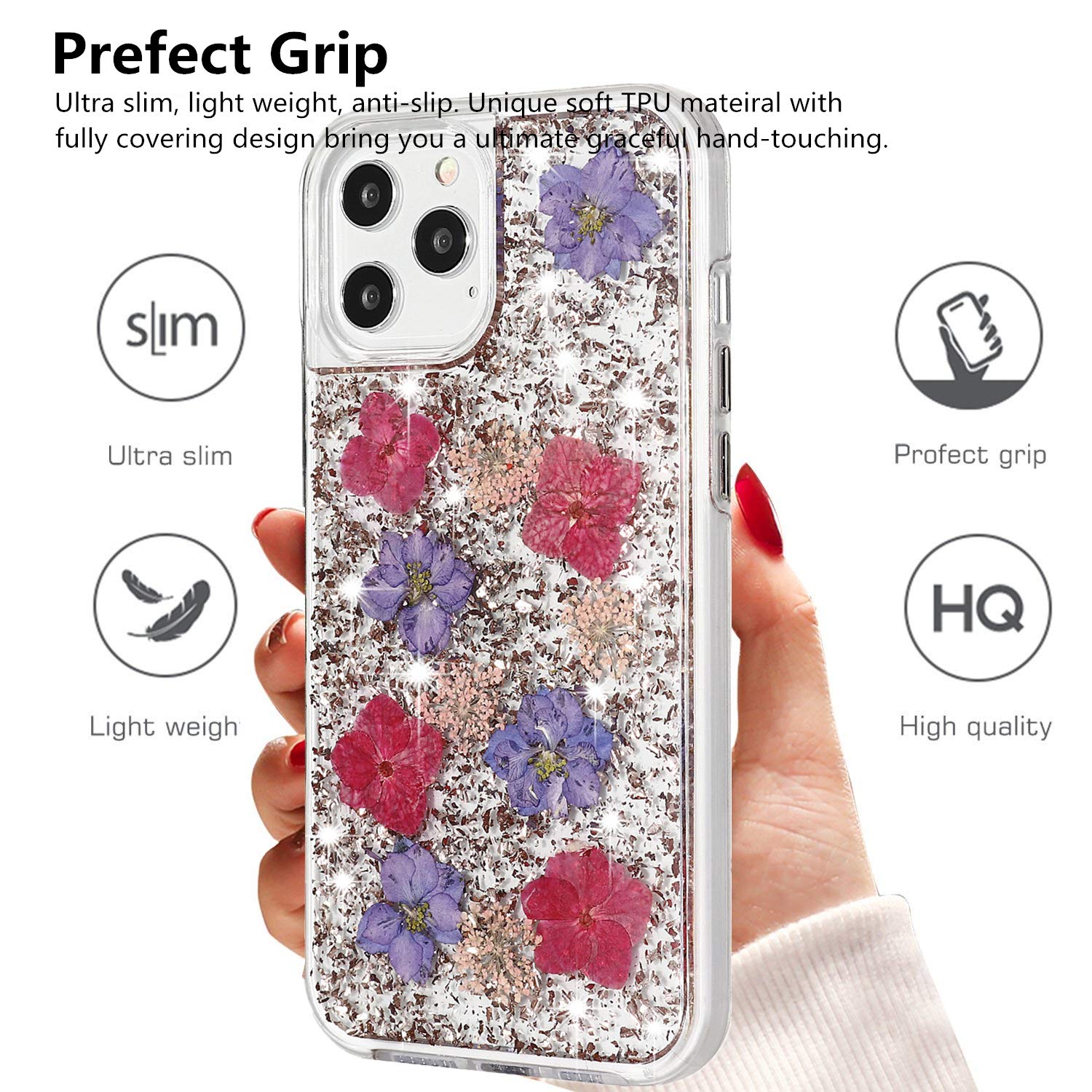 Luxury iPhone 12 Pro Max Case with Floral Glitter Design - 6.7