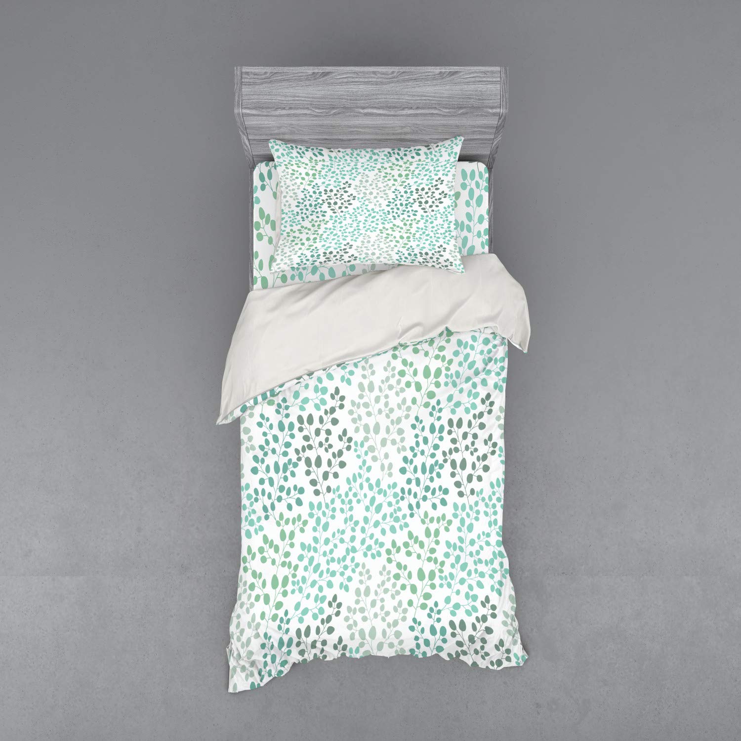Ambesonne 3-Piece Leaf Print Bedding Set - Twin Size Duvet Cover with Sham & Fitted Sheet, Sage Green Turquoise White Nature Theme for Forest Lovers | Perfect for Kids Rooms, Guest Bedrooms & Cozy Cabin Retreats