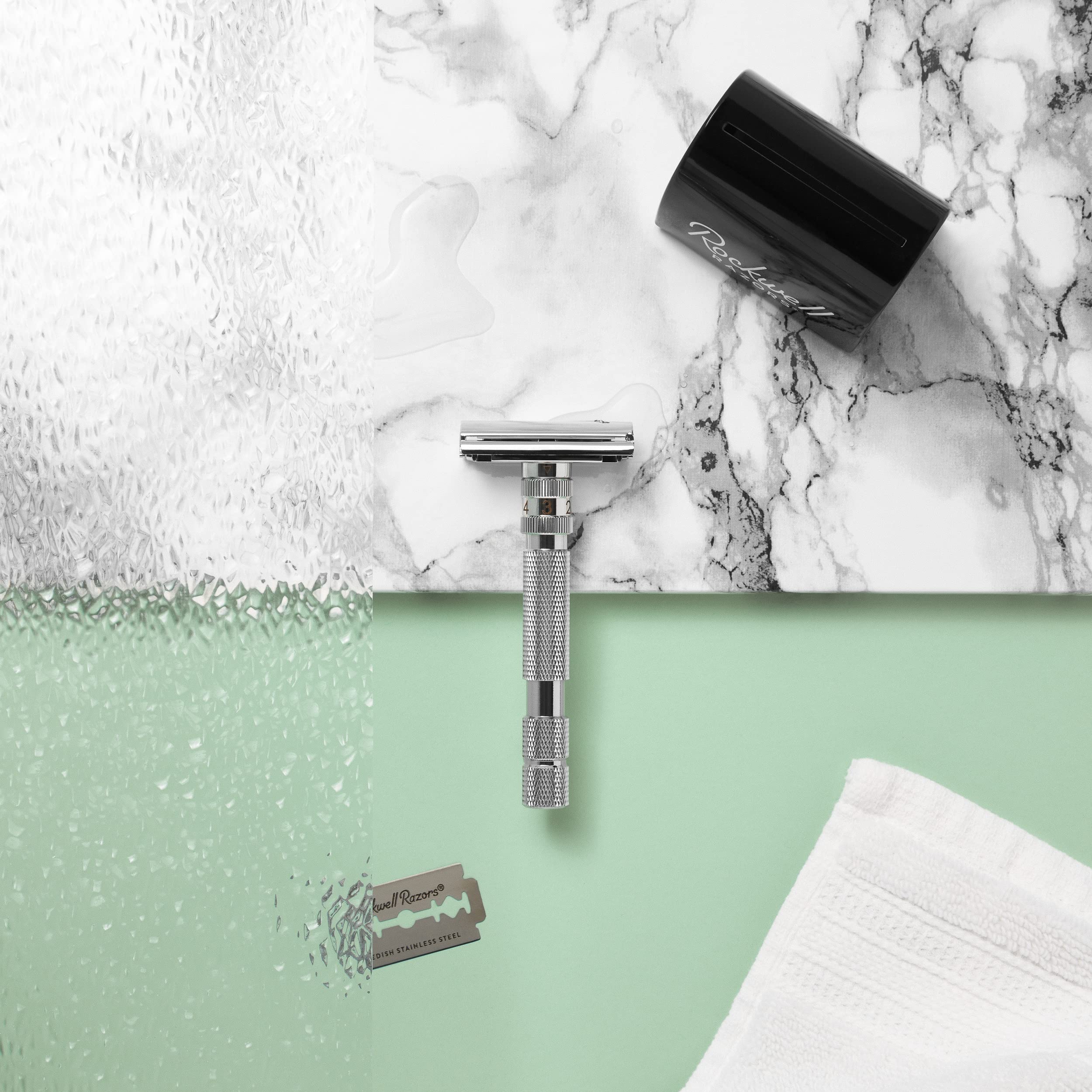 Rockwell Razors T2 White Chrome Adjustable Safety Razor for Men & Women - 25 Recyclable Blades & Premium Travel Leather Case | Perfect for Home Shaving, Travel & Eco-Friendly Grooming