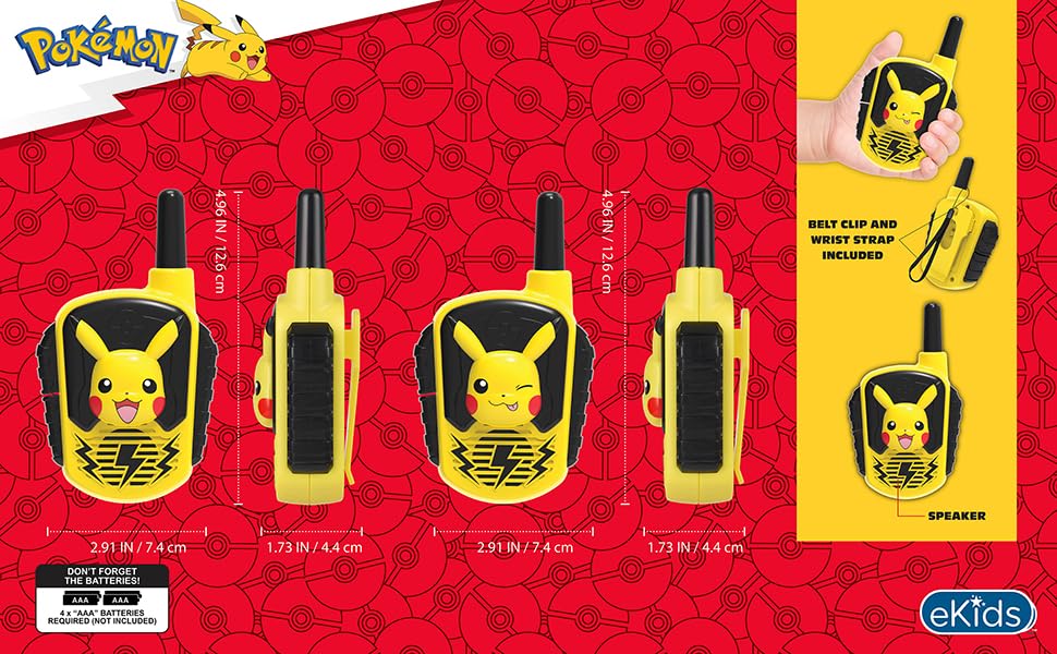 eKids Pokemon Walkie Talkies for Kids - 2 Pack Wireless Walkie Talkie Toys with 22 Channels, LCD Screen & Belt Clip - Perfect for Indoor Outdoor Play, Birthday Gifts for Pokemon Fans (Ages 5-12) - Great for Backyard Adventures, Camping & Sibling Games