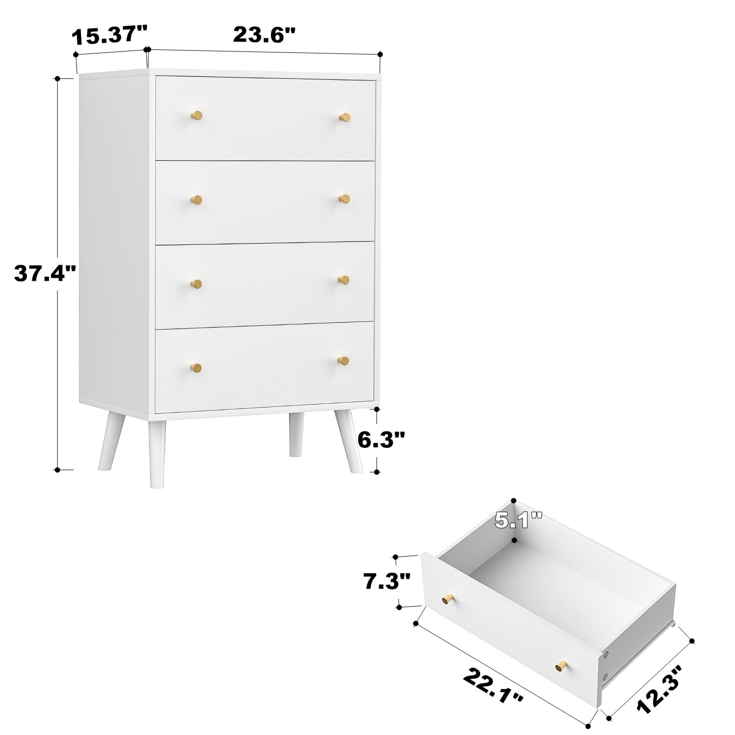 Modern White Dresser - Tall 4 Drawer Wooden Chest for Bedroom, Living Room & Home Office | Stylish Storage Solution for Clothes, Linens & Home Organization