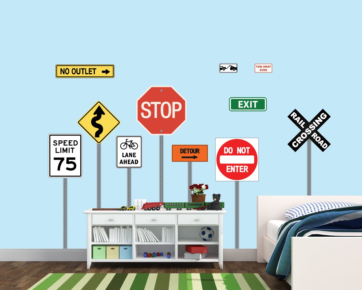 Kids Wall Decals - Stop Sign, Traffic Sign & Railroad Crossing Stickers - Fun & Educational Room Decor for Playrooms, Classrooms & Bedrooms