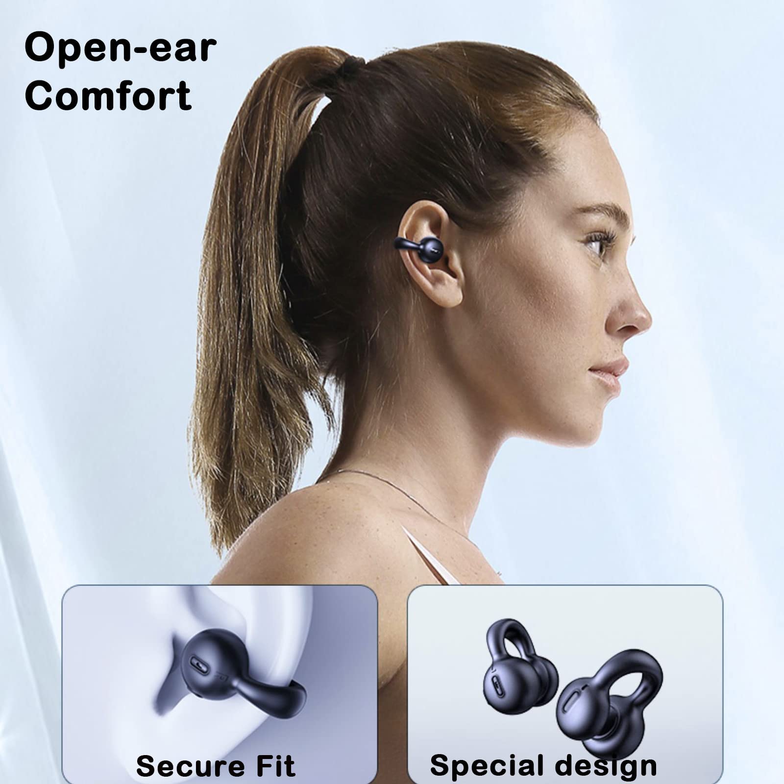 Wireless Bluetooth Open Ear Clip Bone Conduction Headphones - Sweatproof Sports Earbuds for Running, Cycling & Workout - Comfortable Lightweight Headset for Gym, Outdoor Activities & Office Use