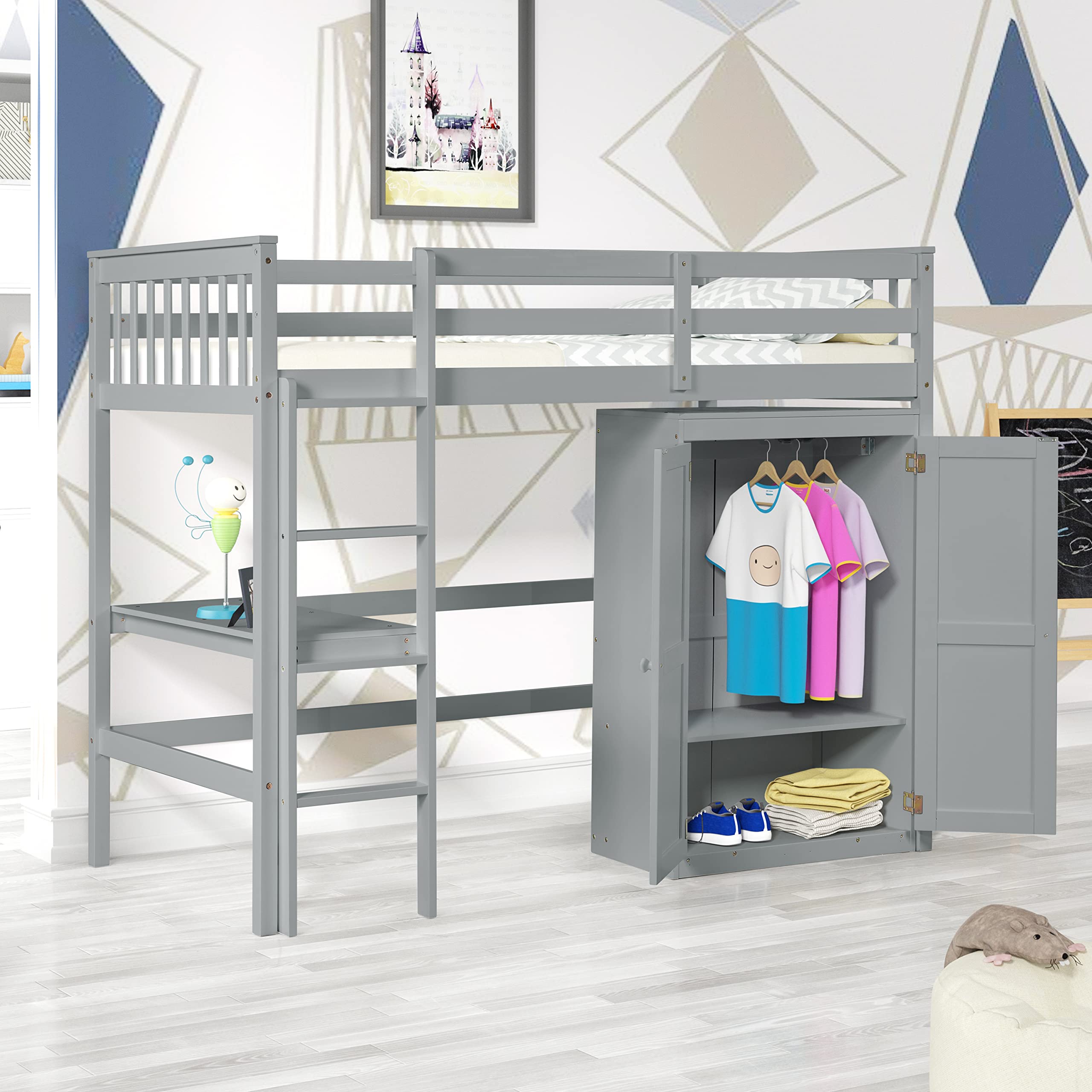 Space-Saving Twin Loft Bed with Study Desk & Built-in Wardrobe for Kids - Sturdy Wooden Loft Bed Frame with Safety Ladder & Full Guardrail - Multi-Functional Storage Solution for Boys & Girls Rooms - Perfect for Small Bedrooms, Dorms & Kids' Study Areas (Gray)