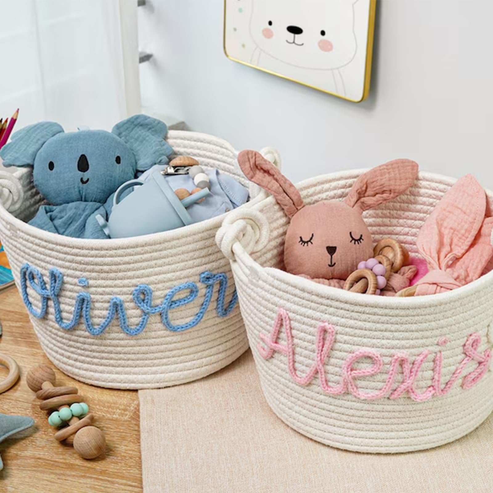 Personalized Baby Name Basket - Custom Cotton Rope Baby Shower Gift, Diaper Caddy & Nursery Organizer for Newborn Essentials | Perfect for Baby Showers, Nursery Storage & Gift Giving (Style C)