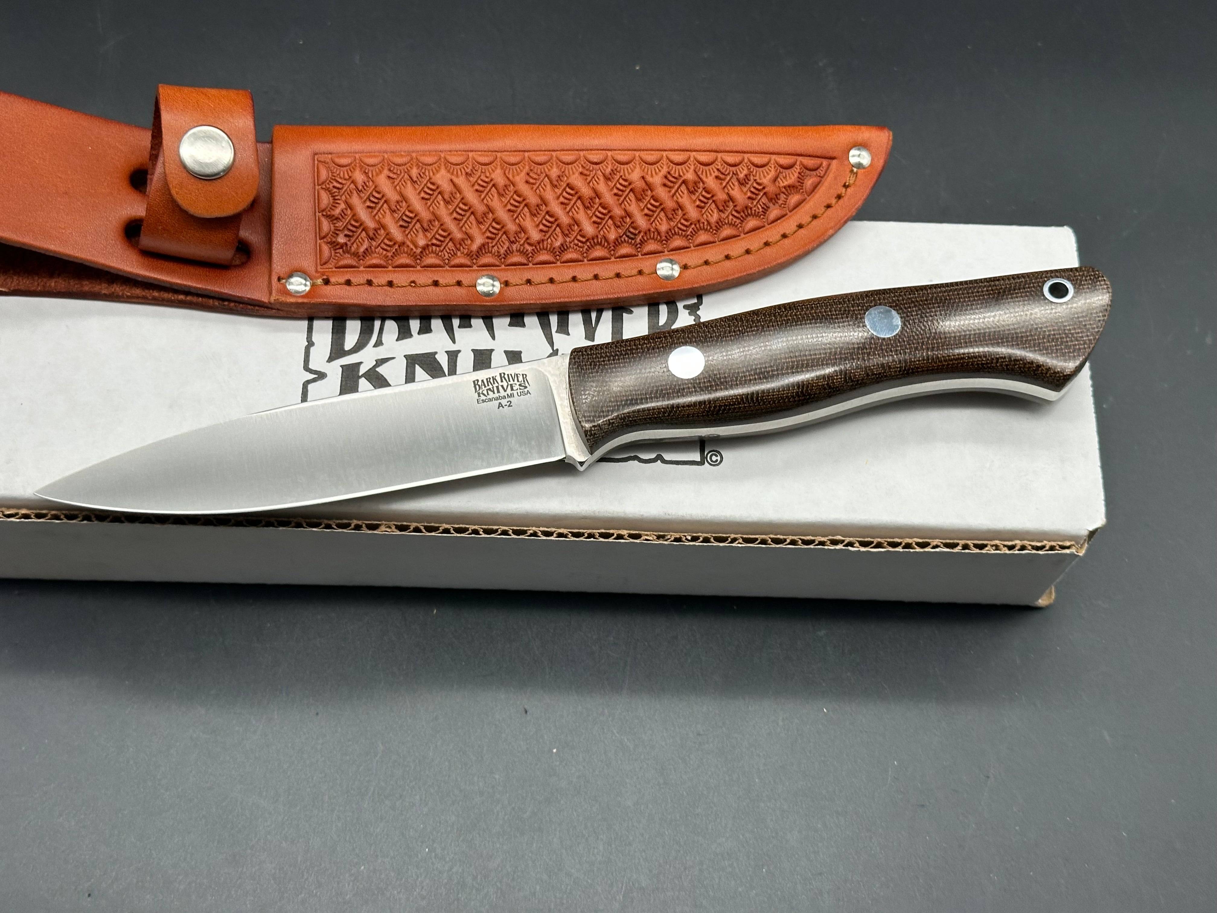 Bark River Aurora Knife with Green Canvas Micarta Scales & A2 Tool Steel Blade - Hunting, Camping, Outdoor Survival Gear with Brown Leather Sheath