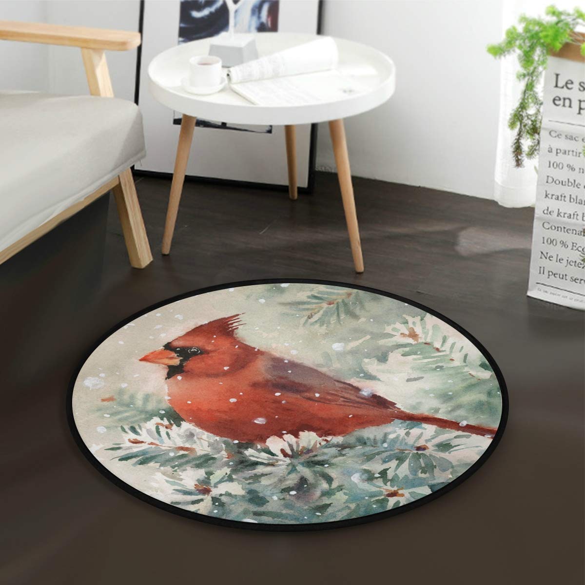 3 Ft Round Area Rugs - Christmas Cardinal Bird Design Non-Slip Circle Rug for Living Room, Bedroom - Perfect Holiday Decoration for Winter & Christmas Celebrations - Great for Cozy Home Decor & Gift Giving