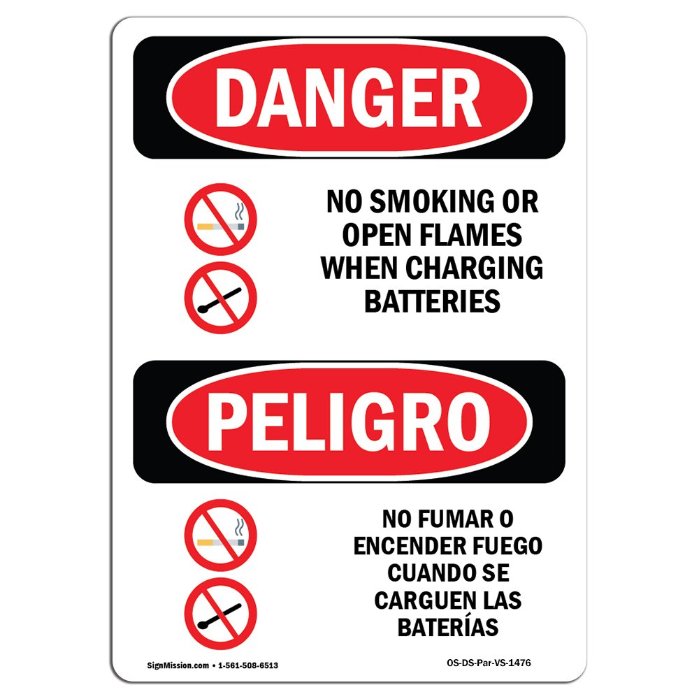 OSHA Danger Sign - No Smoking While Charging Batteries Bilingual English/Spanish | Durable Safety Decal for Business, Construction Sites & Workshops | Made in USA | Ideal for Battery Charging Stations & Hazardous Work Areas