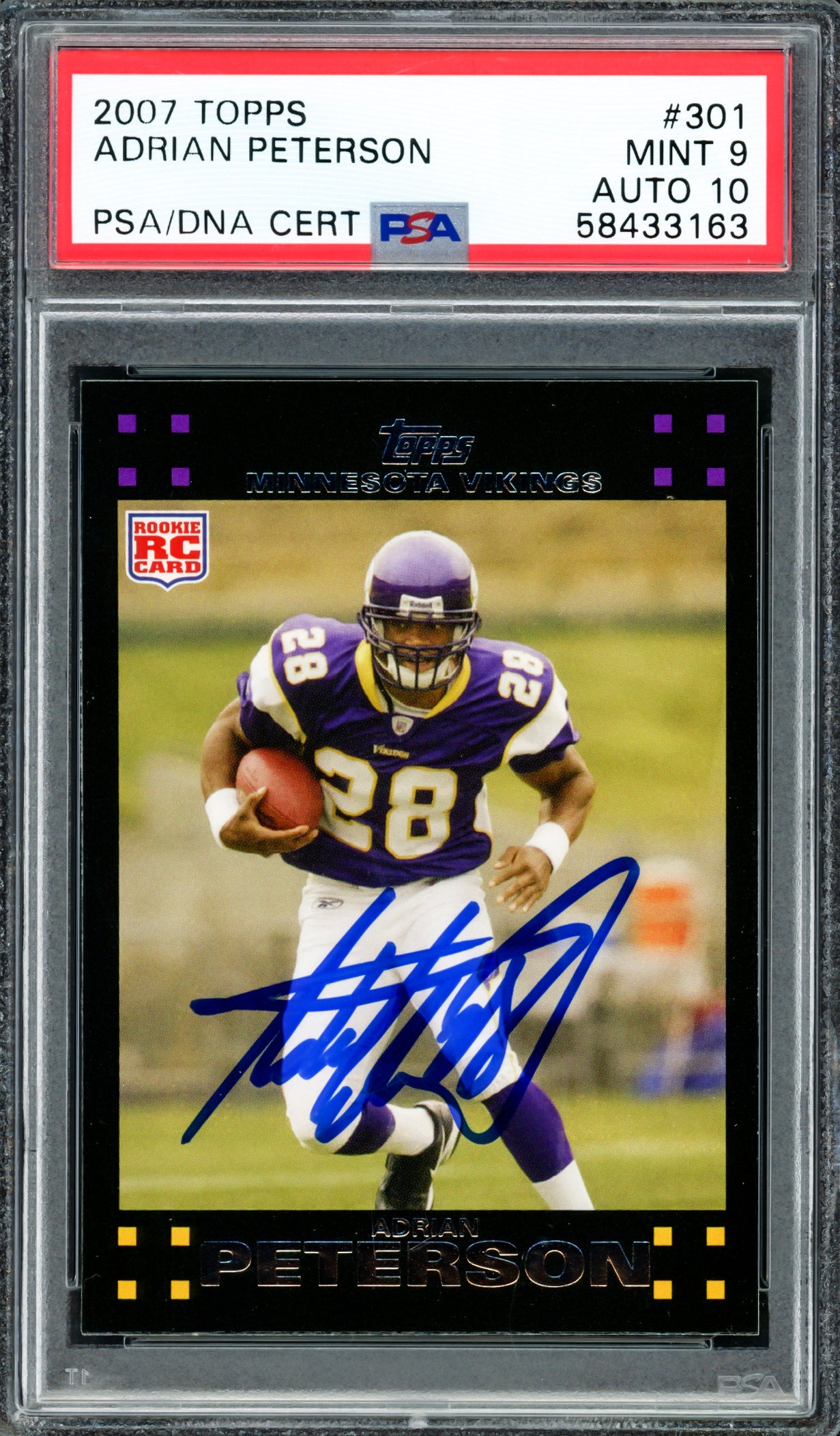 Adrian Peterson Autographed 2007 Topps Rookie Card #301 Minnesota Vikings PSA 9 Auto Grade Gem Mint 10 PSA/DNA #58433163 - Perfect for NFL Memorabilia Collectors and Vikings Fans Display