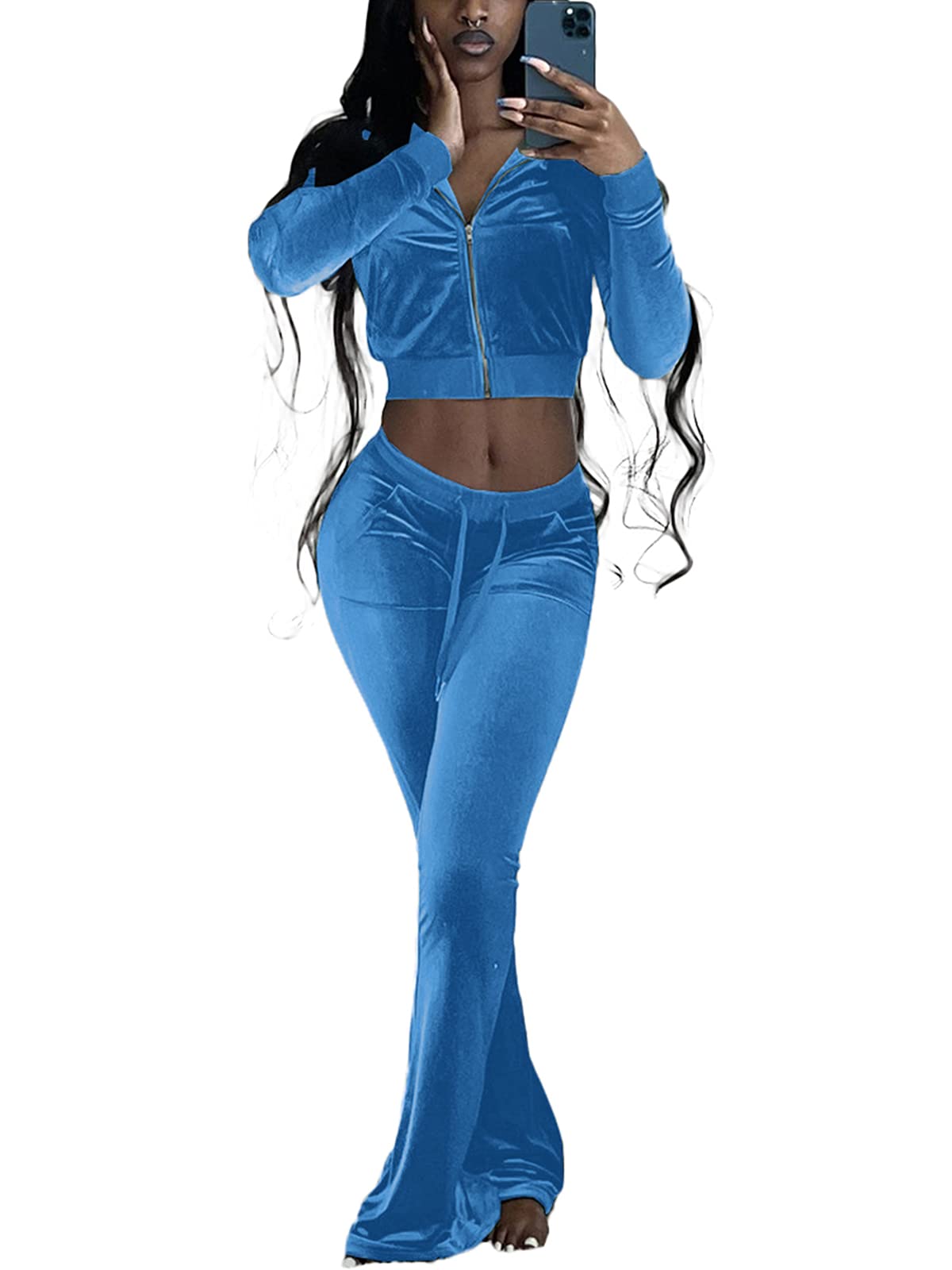 Women's Velour 2-Piece Outfit Set - Zip Crop Jacket & Wide Leg Pants Tracksuit for Lounge, Workout & Streetwear Fashion