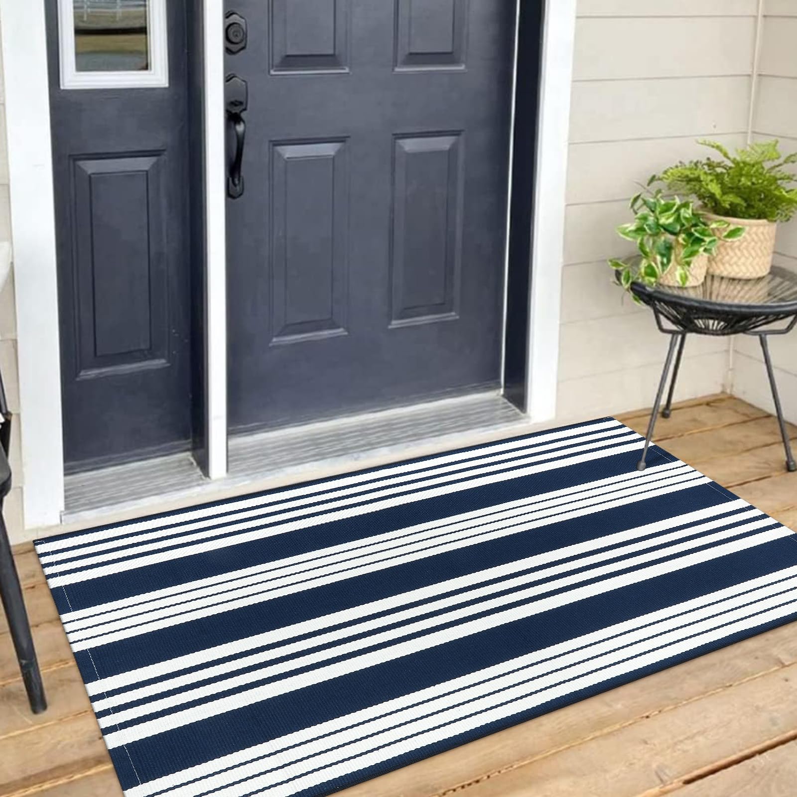 2'x4.3' Machine Washable Cotton Woven Doormat - Indoor/Outdoor Entryway Rug for Front Door, Patio, Porch & Kitchen | Non-Slip Black & Blue Layered Mat for High Traffic Areas | Perfect for Muddy Shoes, Pet Paws & Wet Weather Protection