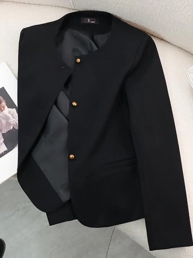Women's Slim Fit Long Sleeve Blazer Coat - Black/Beige/Pink Round Neck Single Breasted Office Jacket for Spring & Autumn | Professional Workwear, Business Attire & Formal Occasions