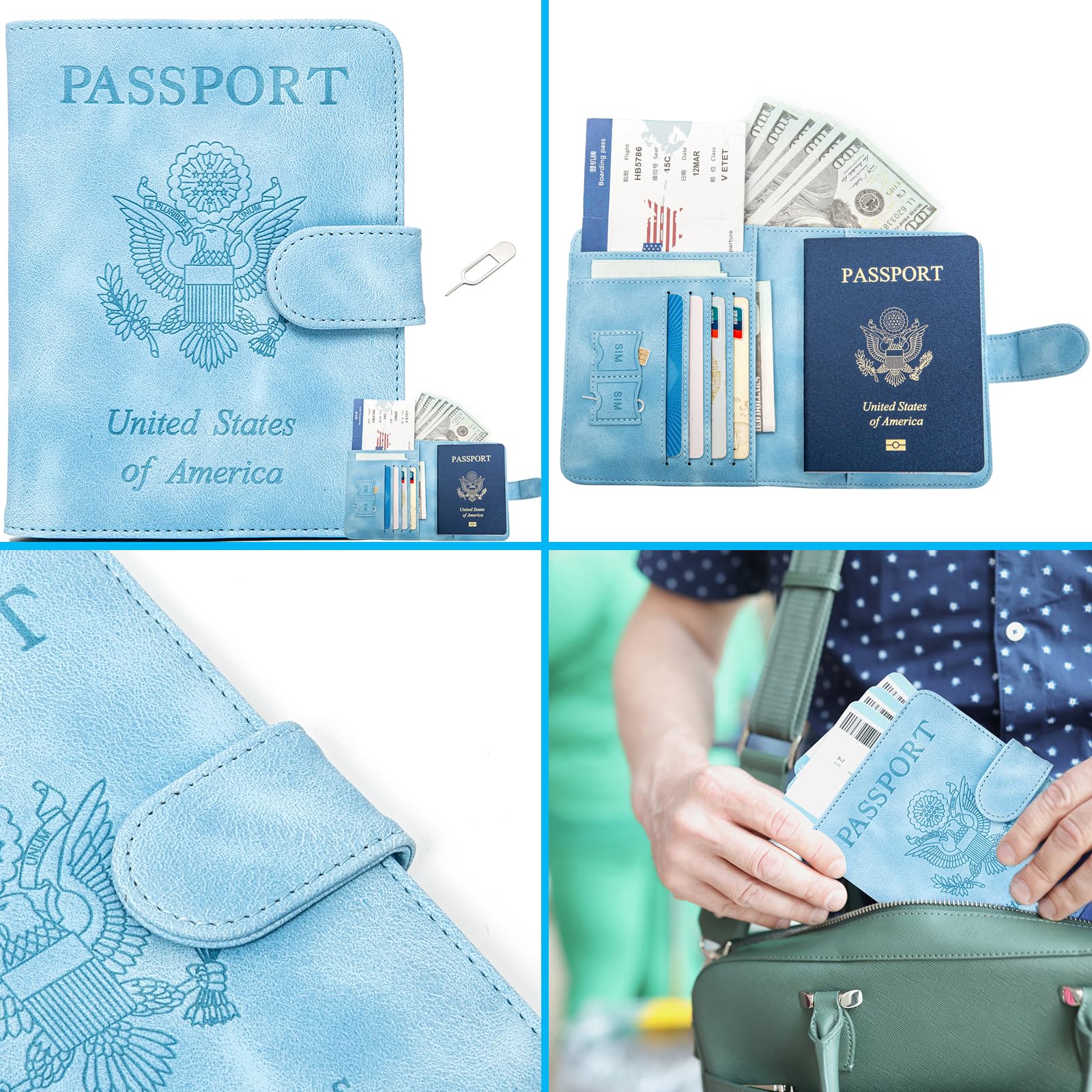 RFID Blocking Passport Holder & Cover Wallet - Travel Essentials for Women & Men (Light Blue) - Perfect for Airports, Vacations & International Trips