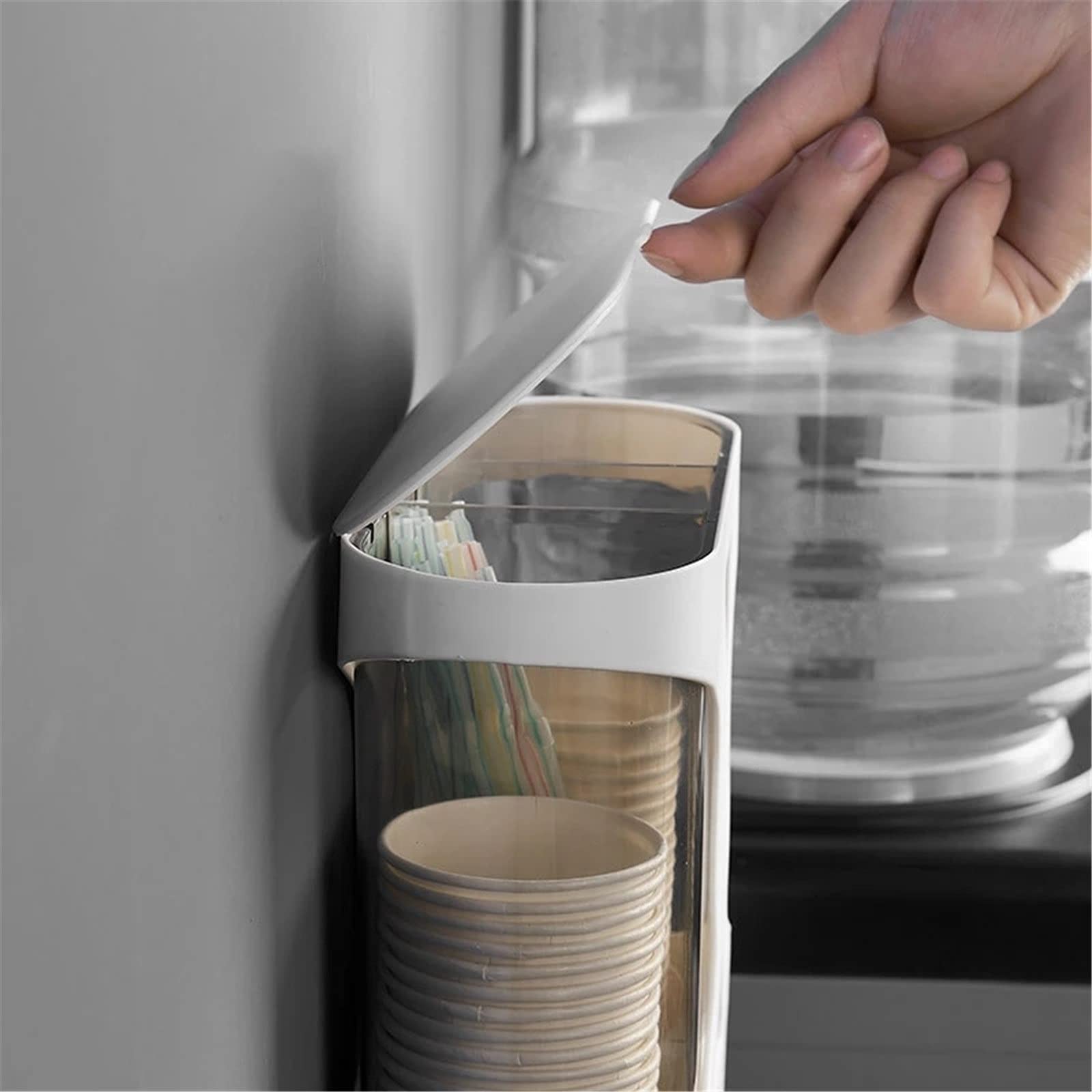 Wall Mount Automatic Paper Cup Dispenser with Straw Holder - White One Size - Easy to Use for Coffee, Tea, and Beverages at Home, Office, or Cafe