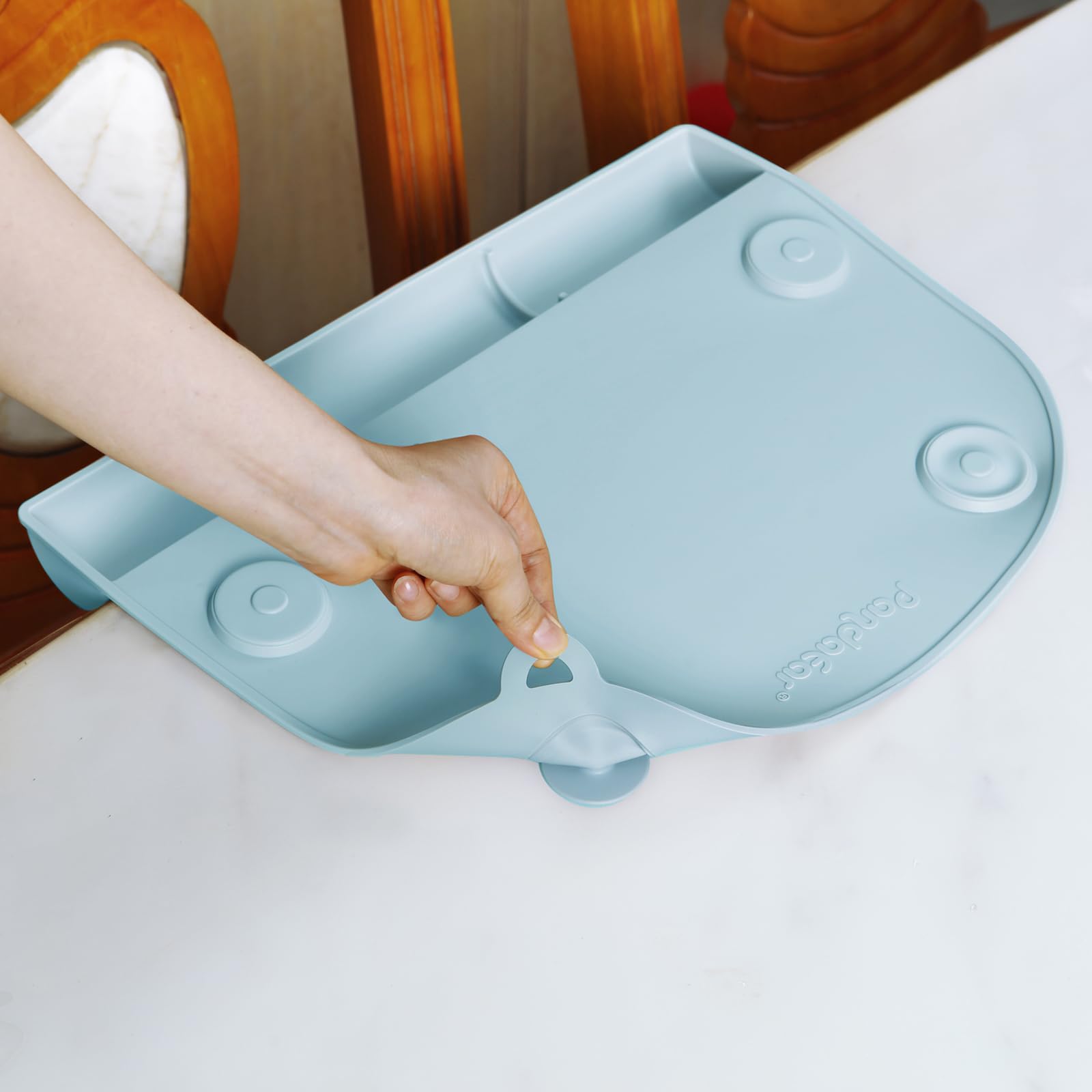 PandaEar Silicone Suction Placemats for Baby & Toddler - Non-Slip, Food-Grade, Easy Clean Dining Mat with Food Catcher Pockets for Home, Restaurant & Travel - Blue