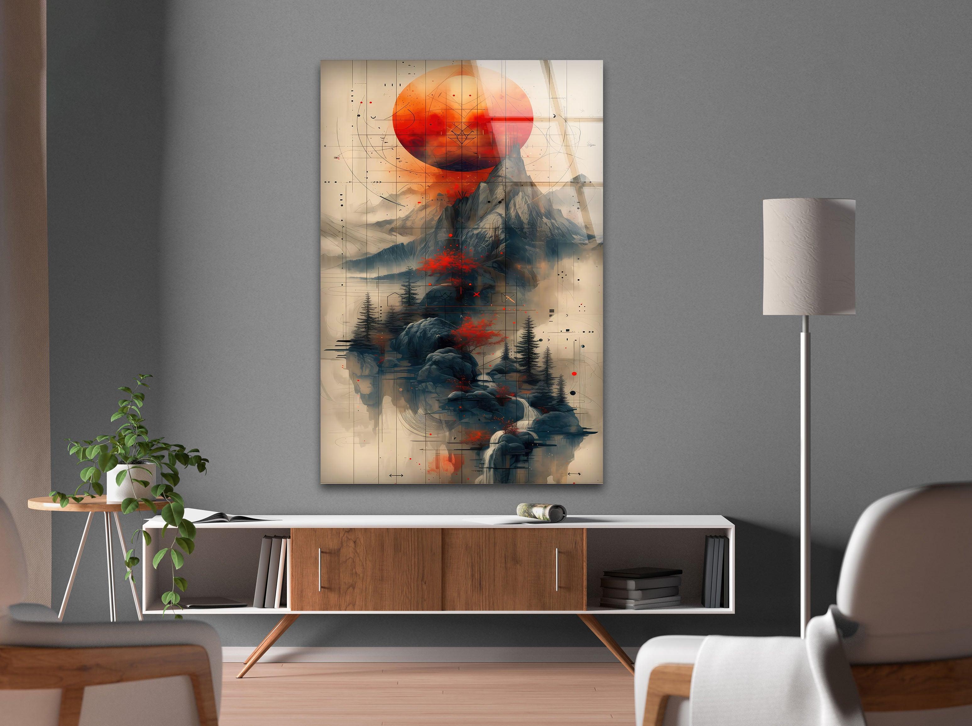 Abstract Mountain Glass Wall Art - Modern Red Sun Landscape Painting for Home & Office Decor | Perfect for Living Room, Bedroom, or Office Spaces