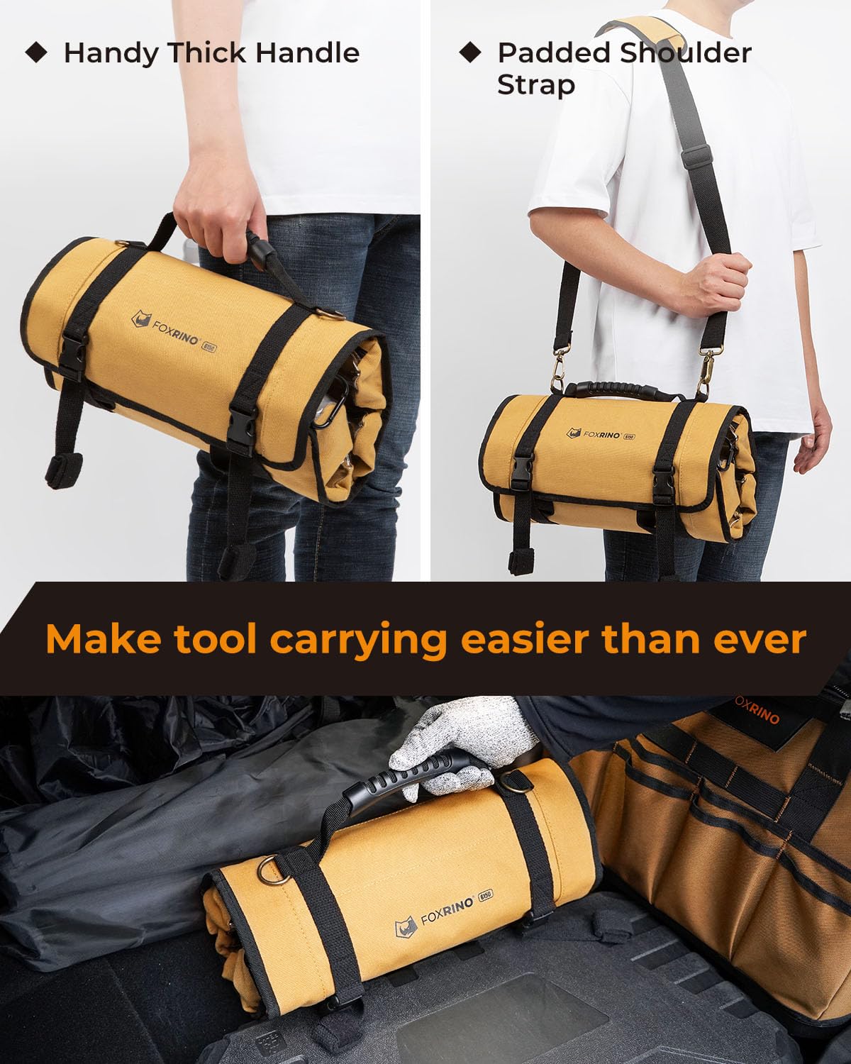 Heavy Duty 18oz Canvas Tool Roll Bag with 4 Clear Pockets & 2 Detachable Pouches - Professional Organizer for Mechanics, Electricians, DIY Enthusiasts - Perfect for Workshop, Garage, and On-the-Go Repairs
