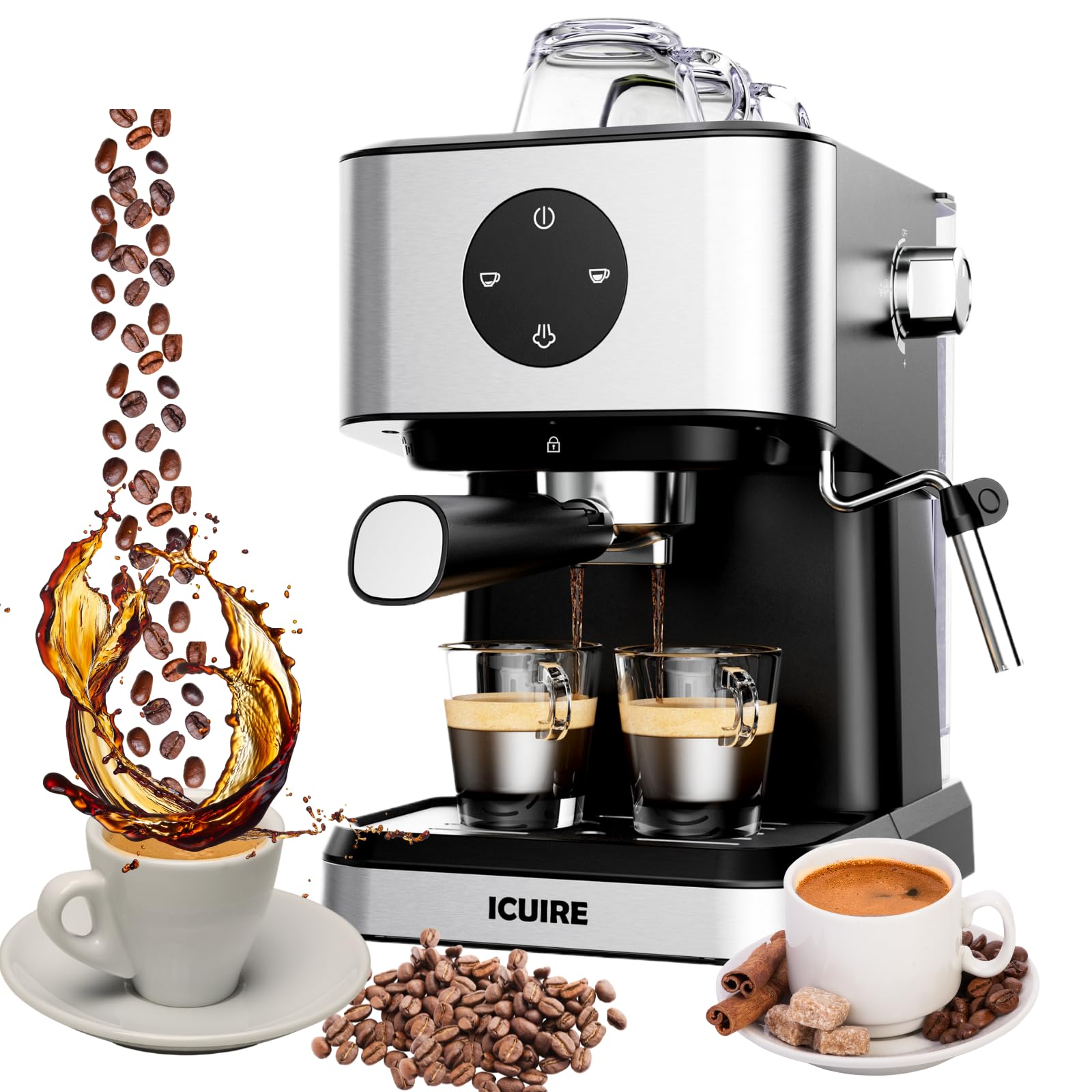 ICUIRE 20 Bar Espresso Machine with Milk Frother - Compact Coffee Maker for Latte, Mocha, Americano & Cappuccino - 50oz Water Tank - Perfect for Home Baristas & Espresso Martinis (Silver) - Ideal for Small Kitchens, Office Use & Gift Giving